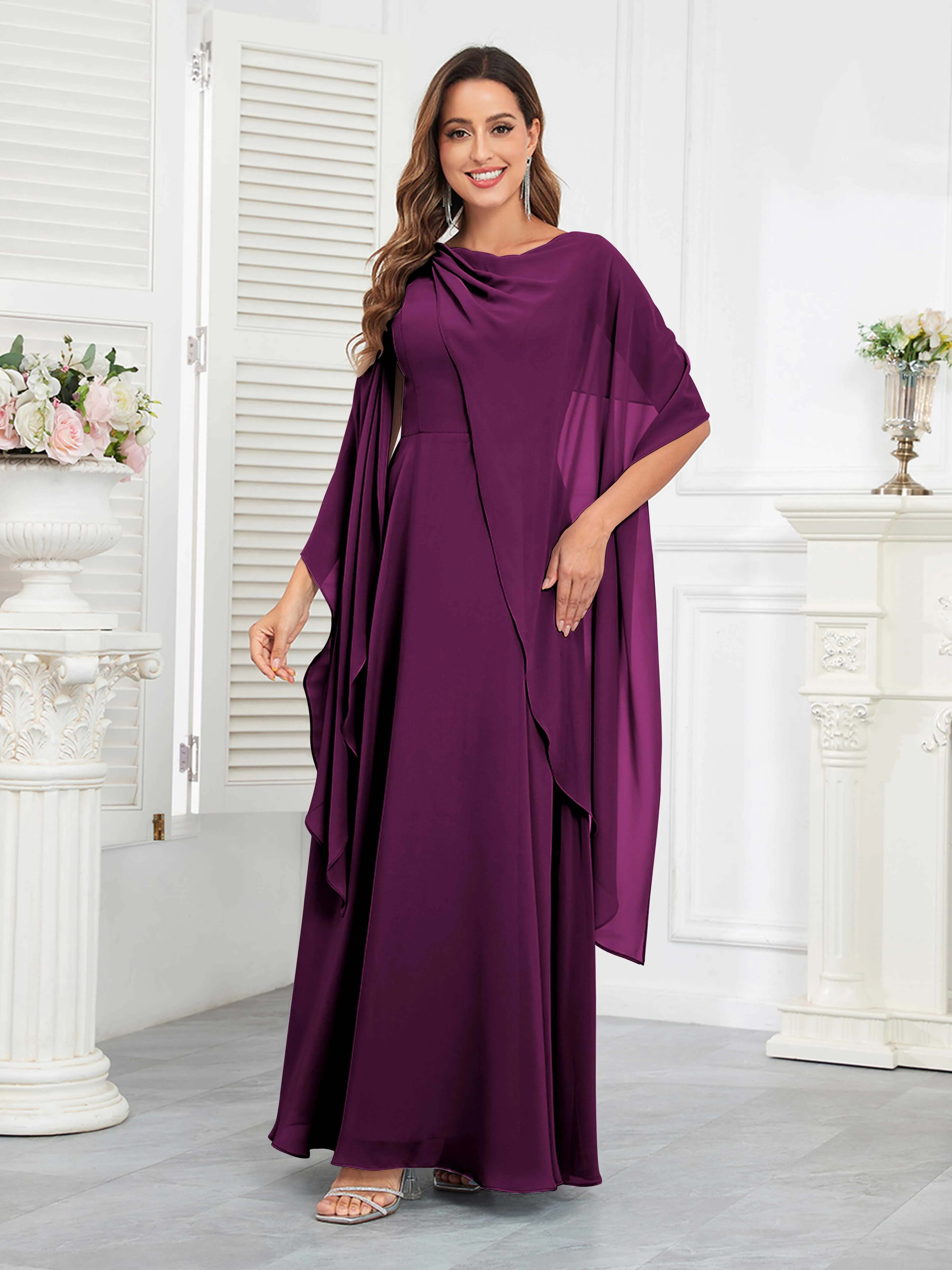 Kennedi Modest A-Line Scoop Cape Sleeves Long Chiffon Mother of the Bride & Groom Dresses