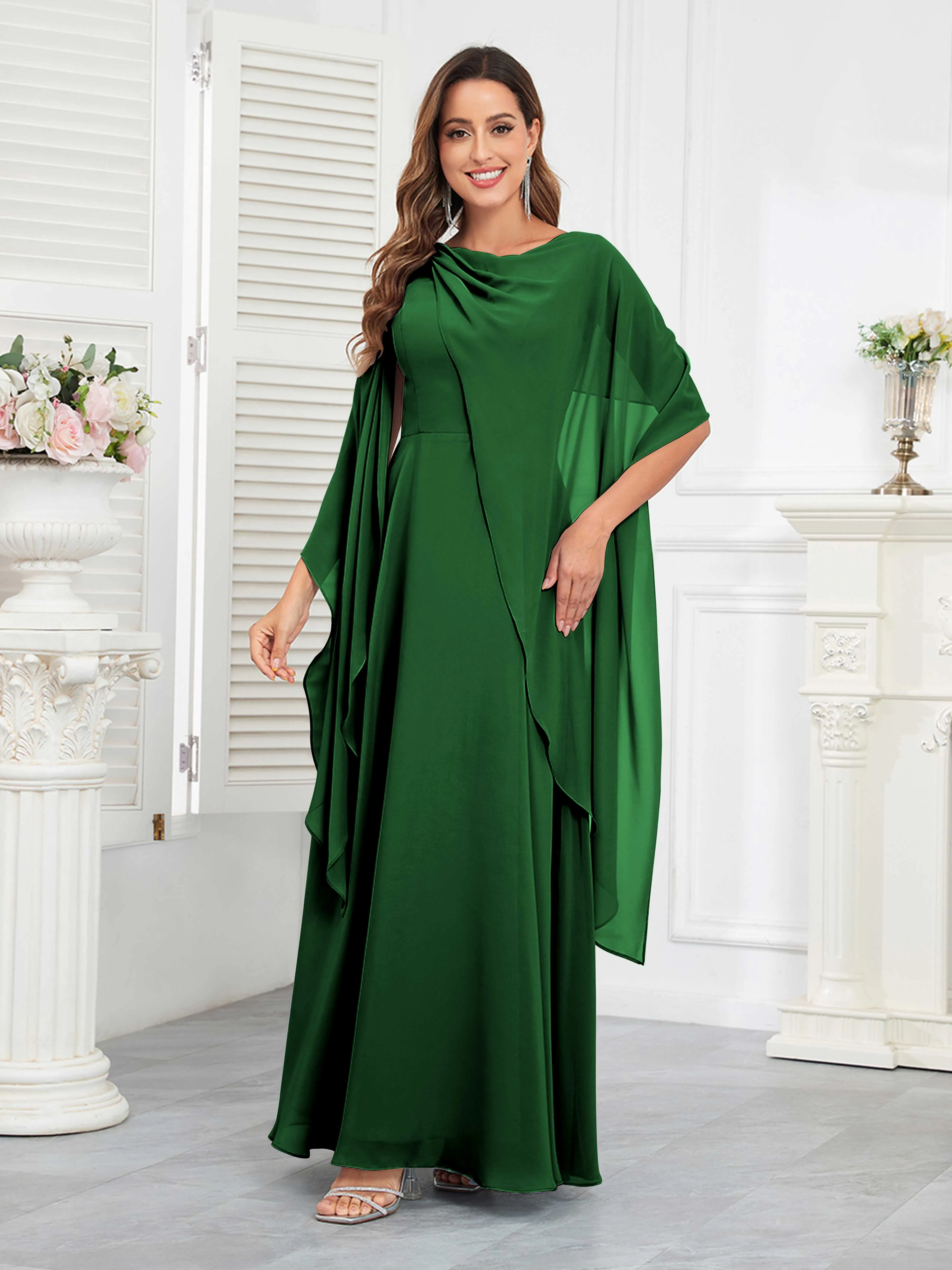Kennedi Modest A-Line Scoop Cape Sleeves Long Chiffon Mother of the Bride & Groom Dresses