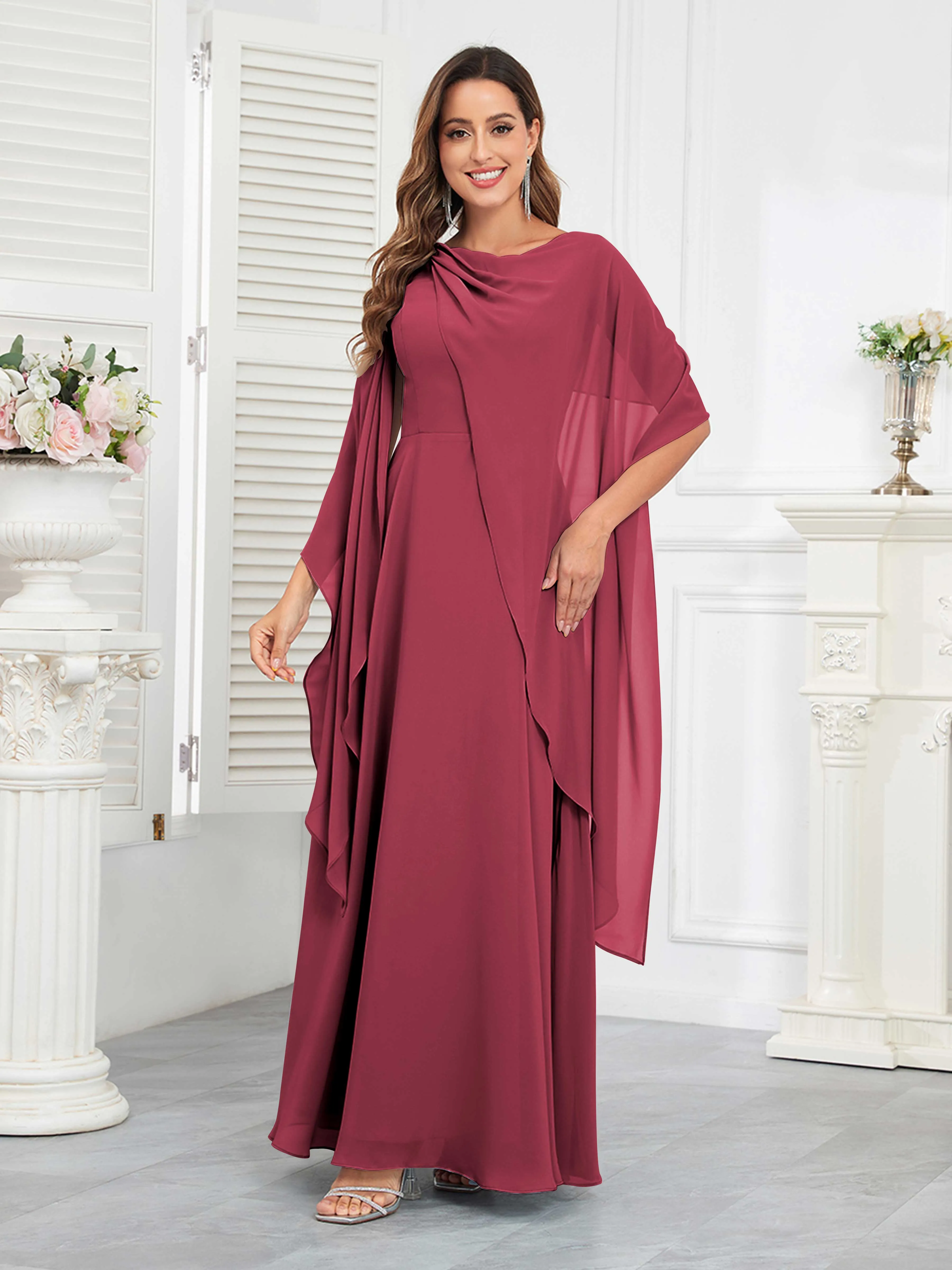 Kennedi Modest A-Line Scoop Cape Sleeves Long Chiffon Mother of the Bride & Groom Dresses