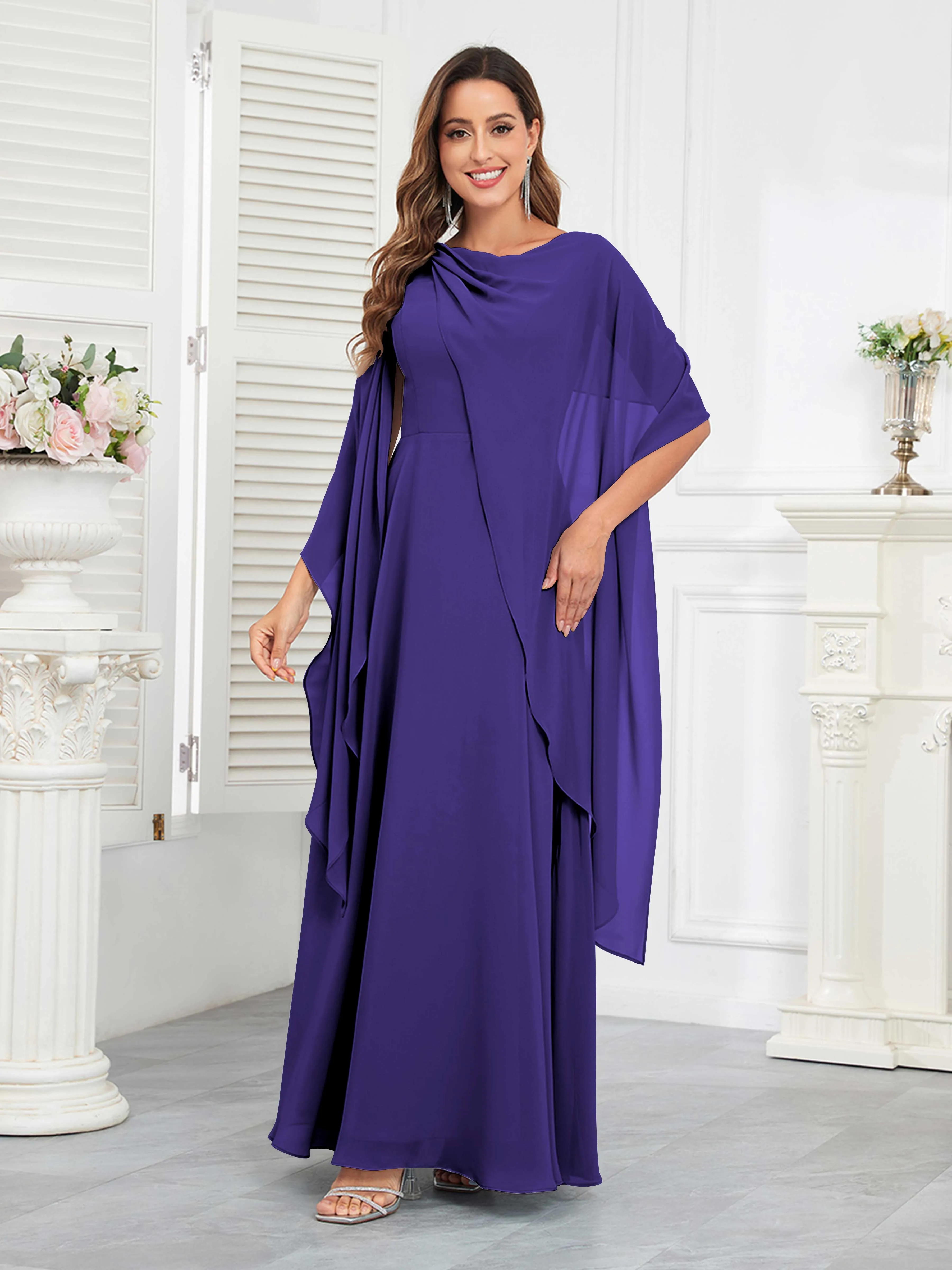 Kennedi Modest A-Line Scoop Cape Sleeves Long Chiffon Mother of the Bride & Groom Dresses