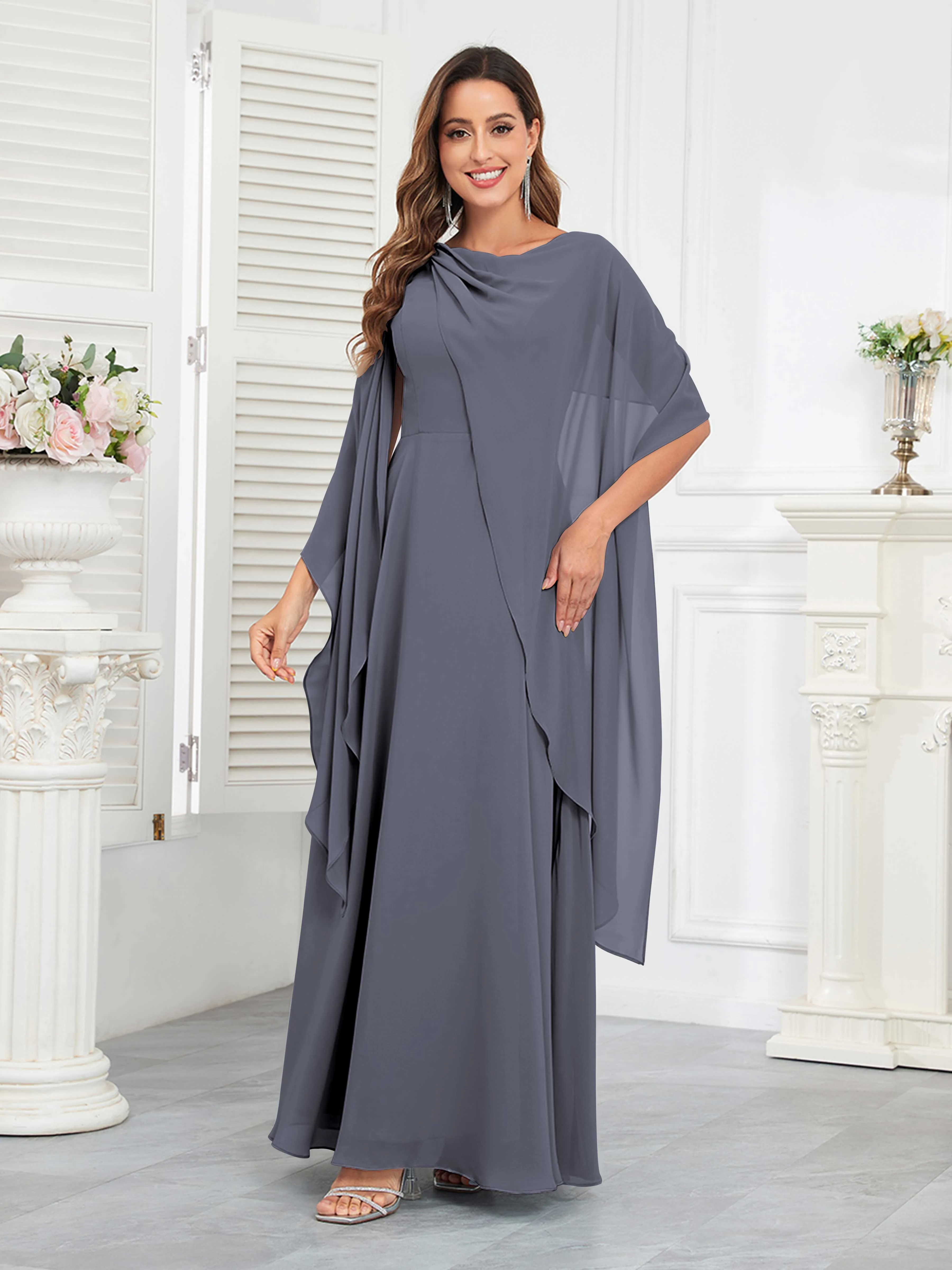 Kennedi Modest A-Line Scoop Cape Sleeves Long Chiffon Mother of the Bride & Groom Dresses