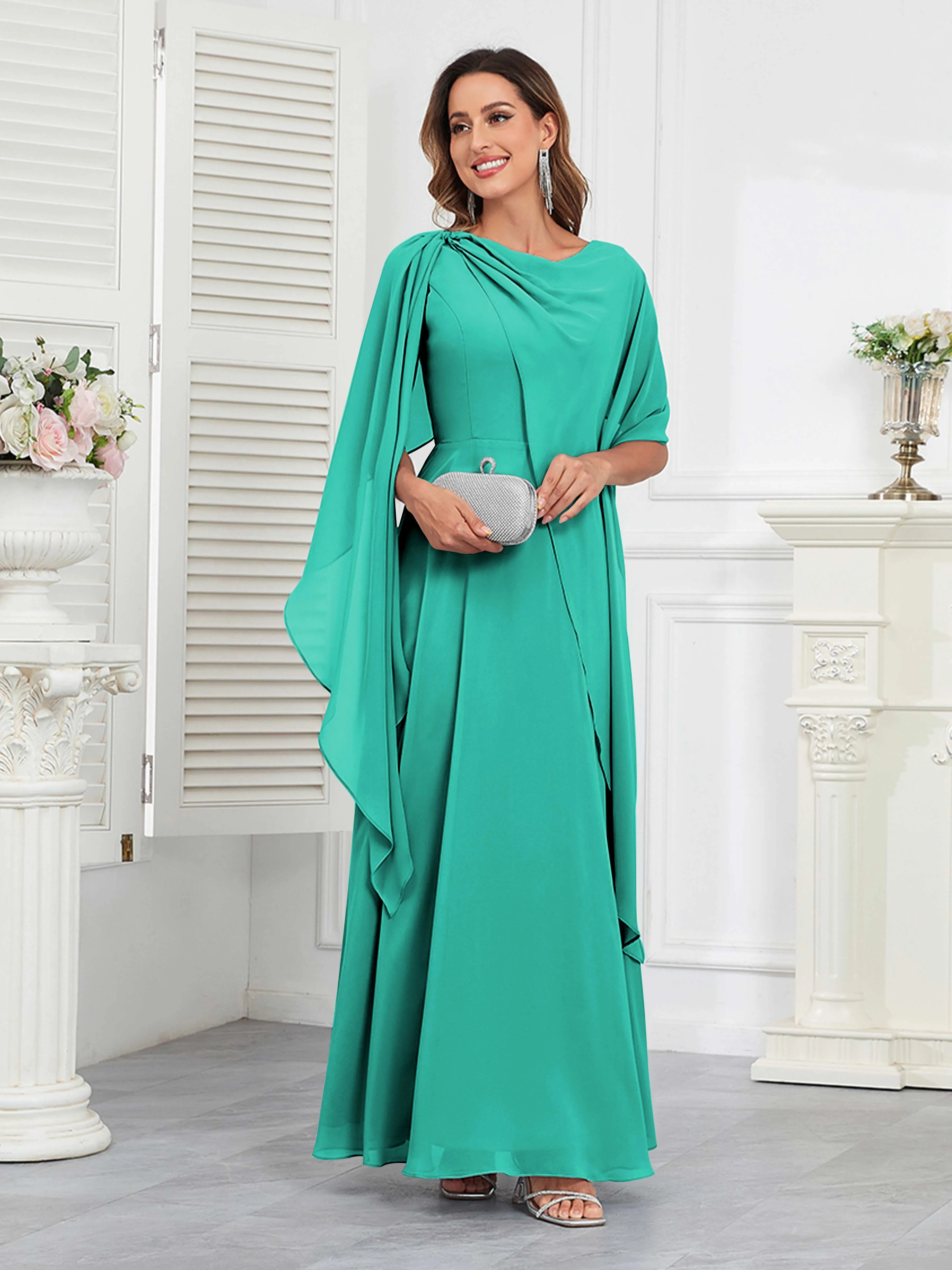 Kennedi Modest A-Line Scoop Cape Sleeves Long Chiffon Mother of the Bride & Groom Dresses