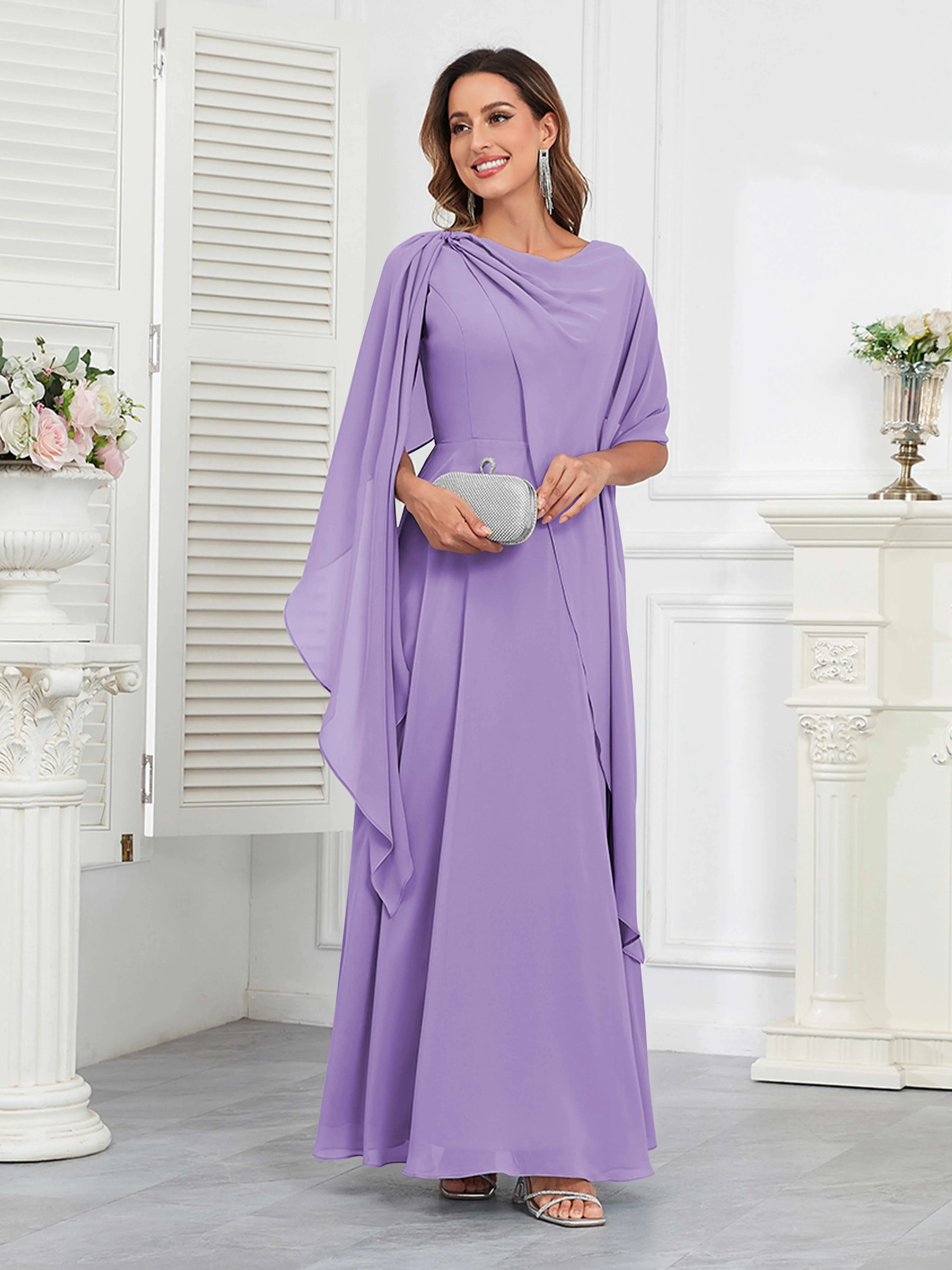 Kennedi Modest A-Line Scoop Cape Sleeves Long Chiffon Mother of the Bride & Groom Dresses