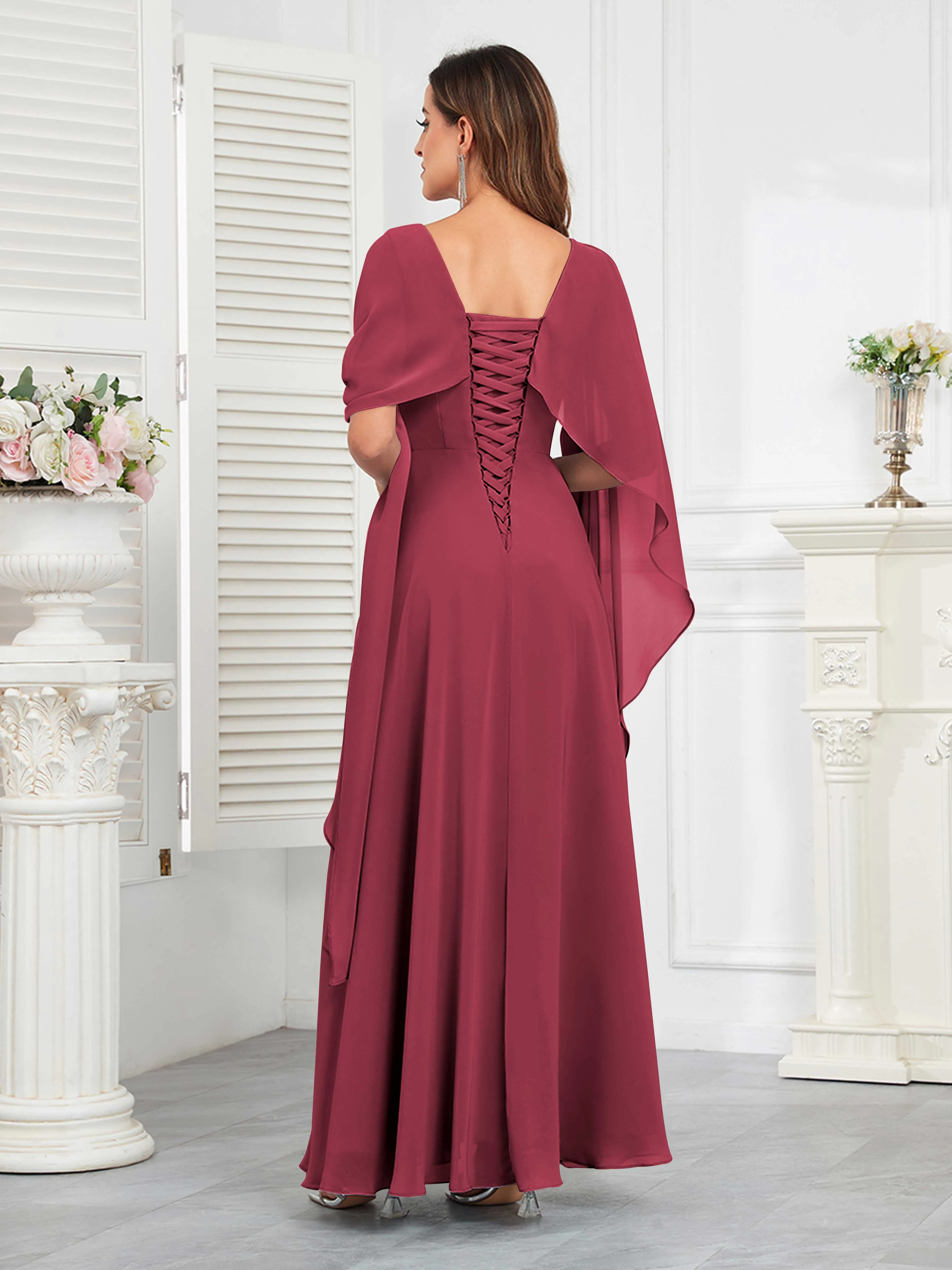 Kennedi Modest A-Line Scoop Cape Sleeves Long Chiffon Mother of the Bride & Groom Dresses