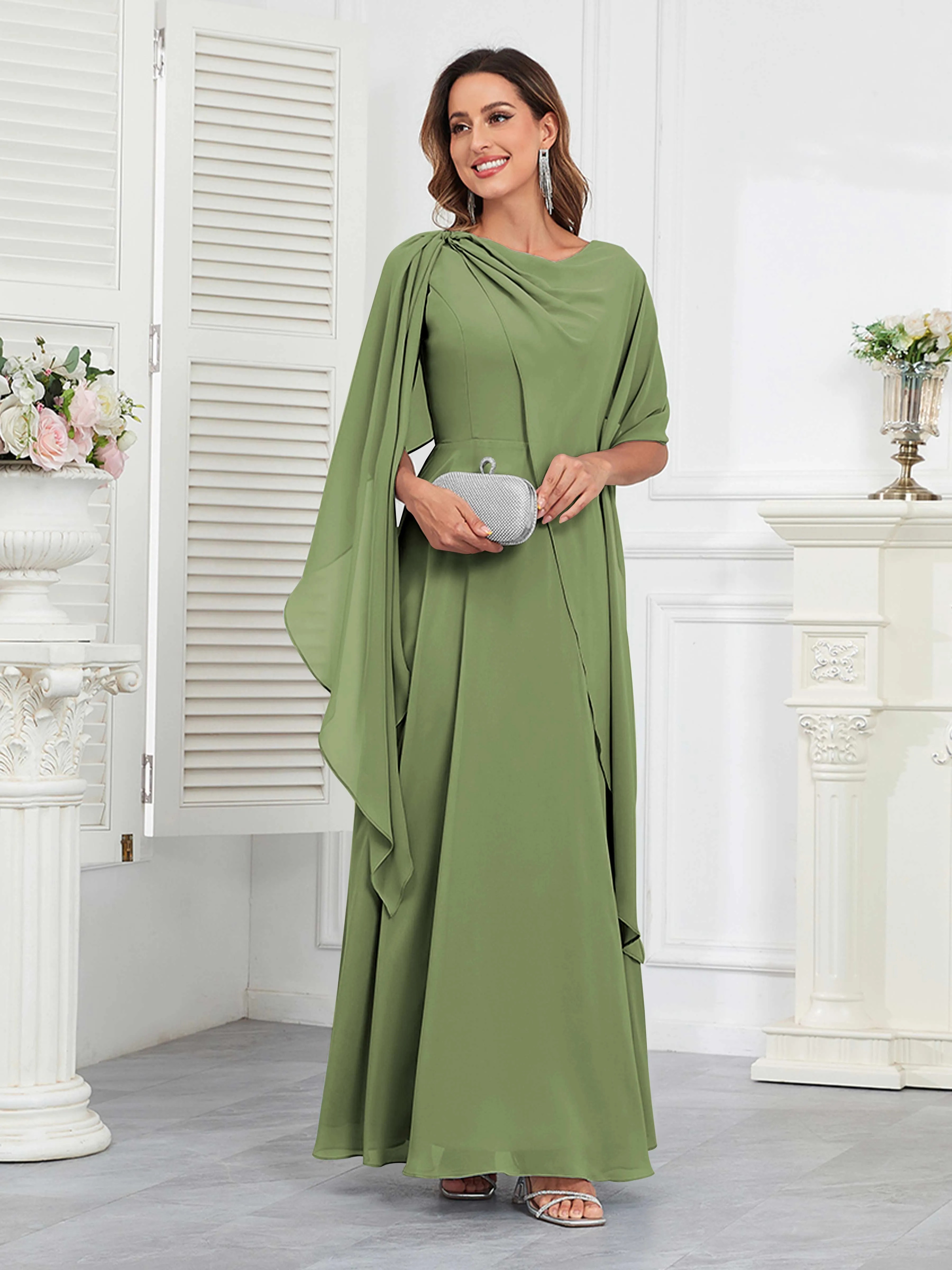 Kennedi Modest A-Line Scoop Cape Sleeves Long Chiffon Mother of the Bride & Groom Dresses