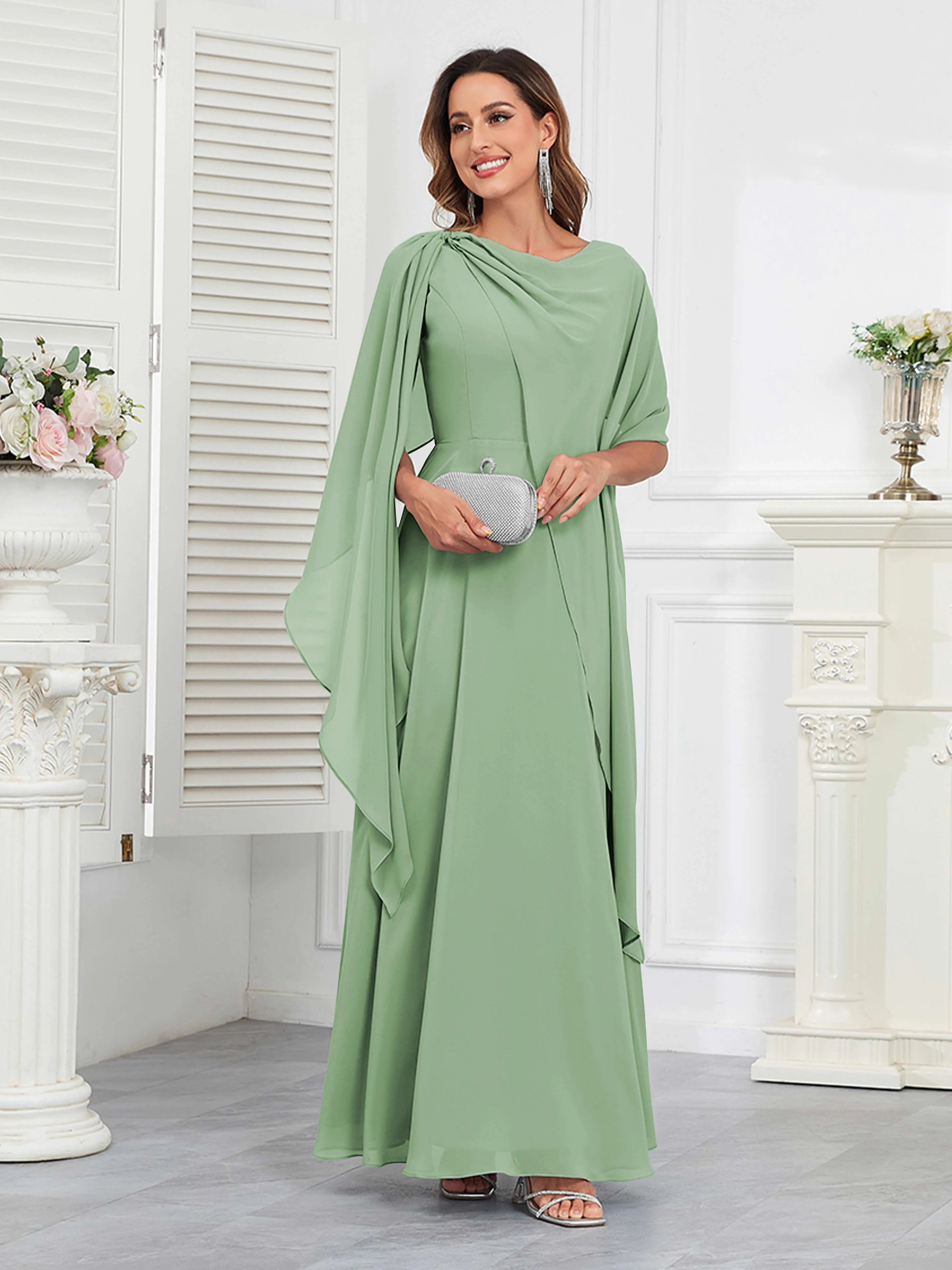 Kennedi Modest A-Line Scoop Cape Sleeves Long Chiffon Mother of the Bride & Groom Dresses