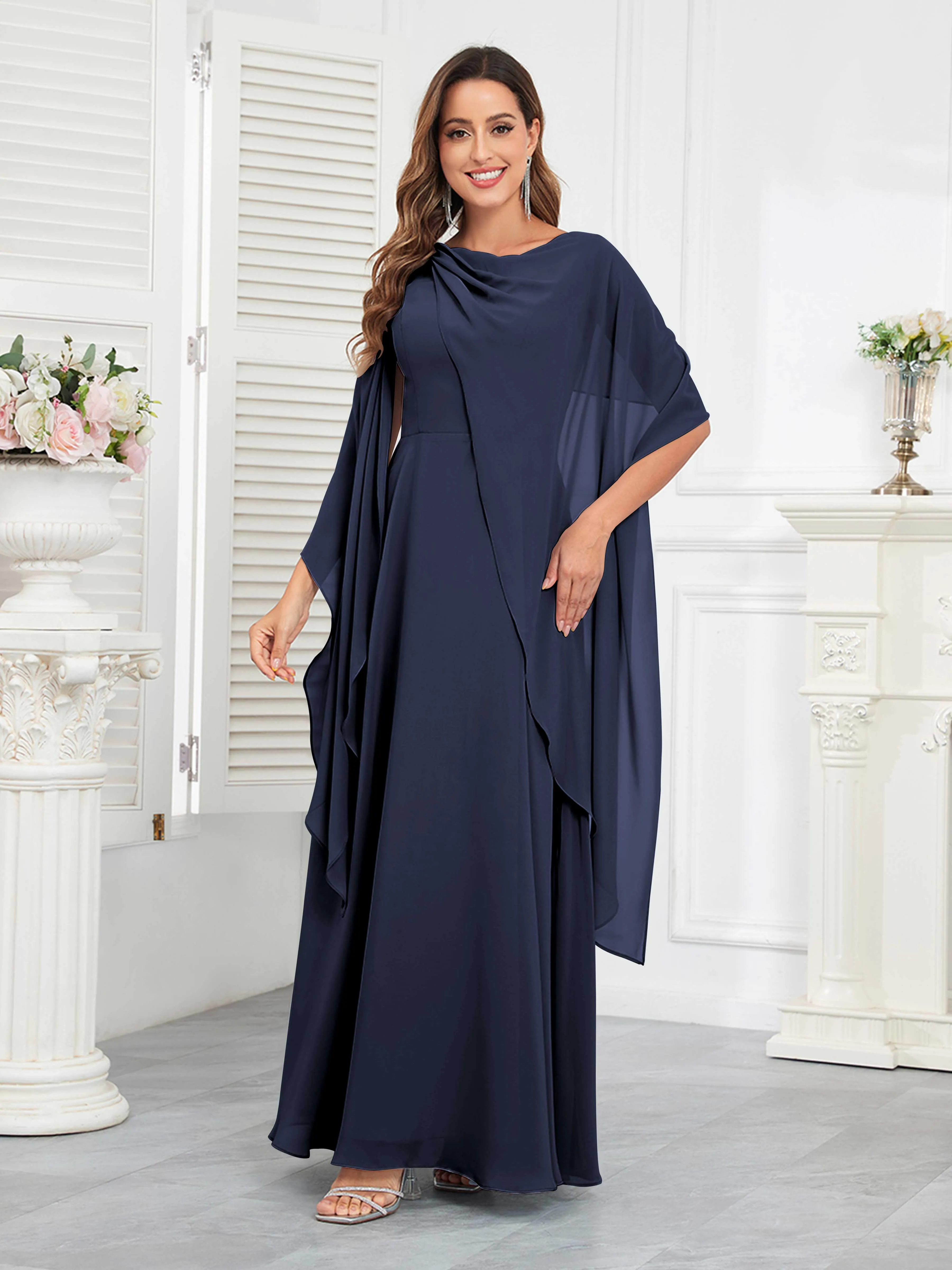 Kennedi Modest A-Line Scoop Cape Sleeves Long Chiffon Mother of the Bride & Groom Dresses