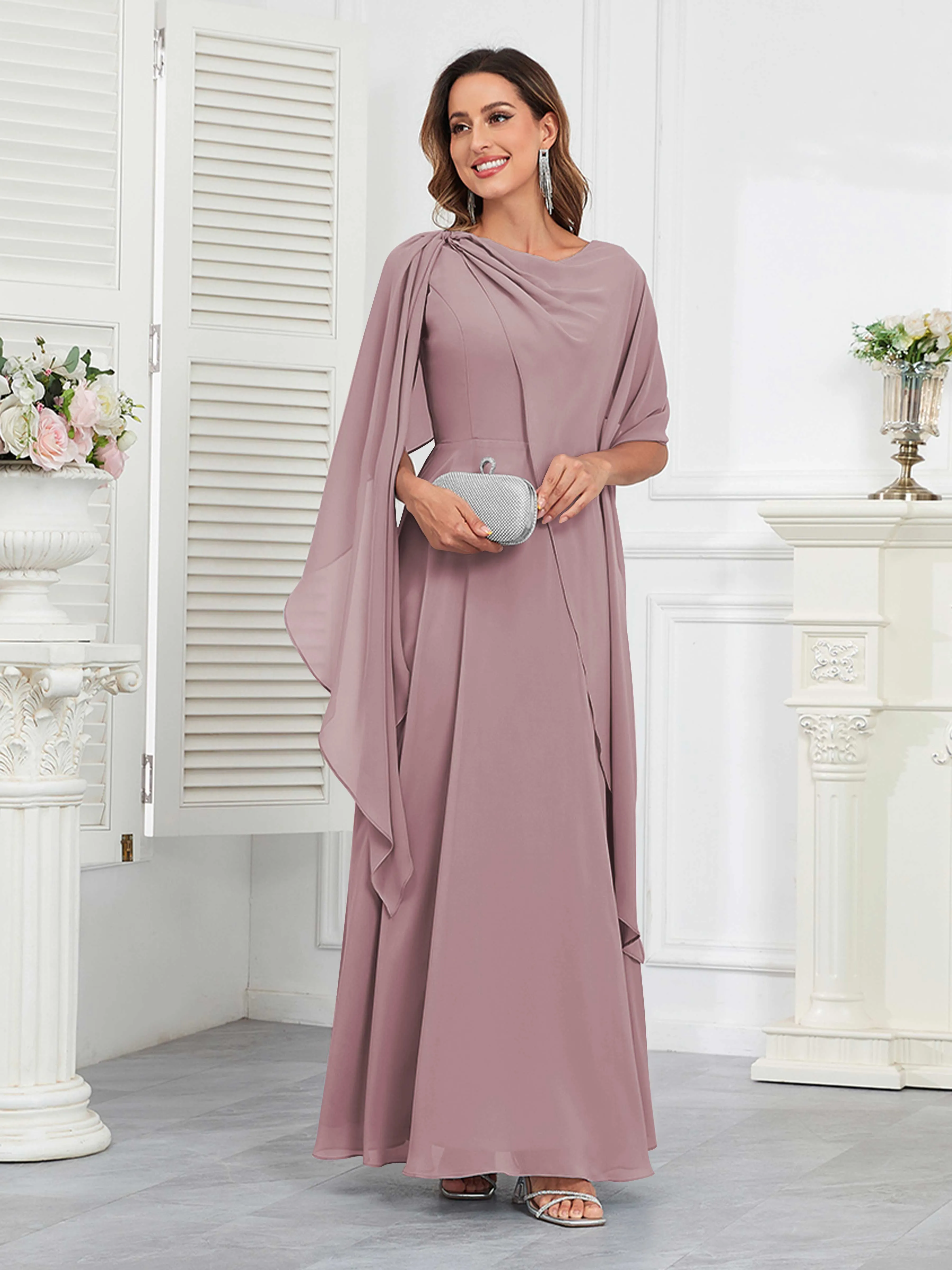 Kennedi Modest A-Line Scoop Cape Sleeves Long Chiffon Mother of the Bride & Groom Dresses