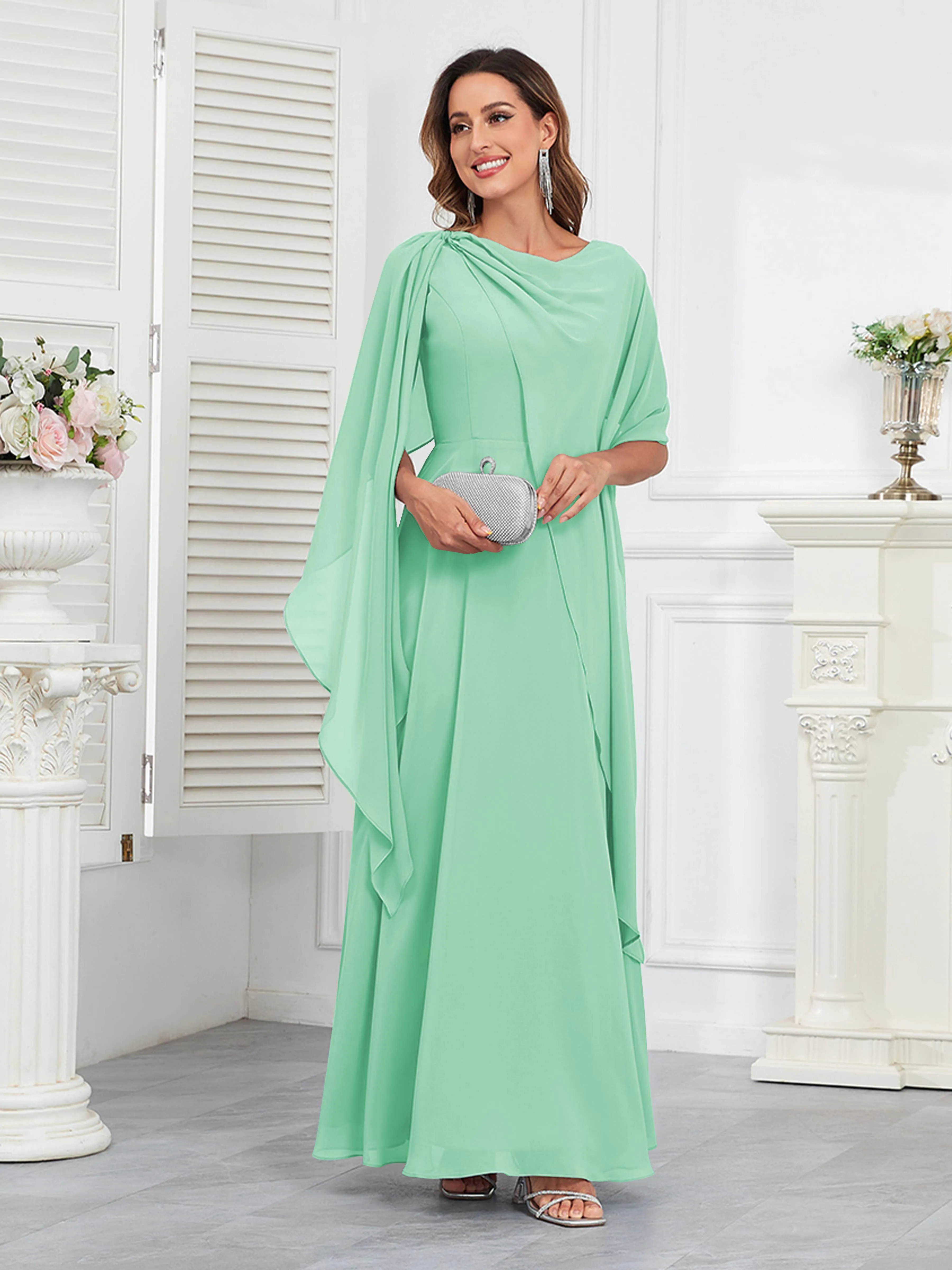 Kennedi Modest A-Line Scoop Cape Sleeves Long Chiffon Mother of the Bride & Groom Dresses