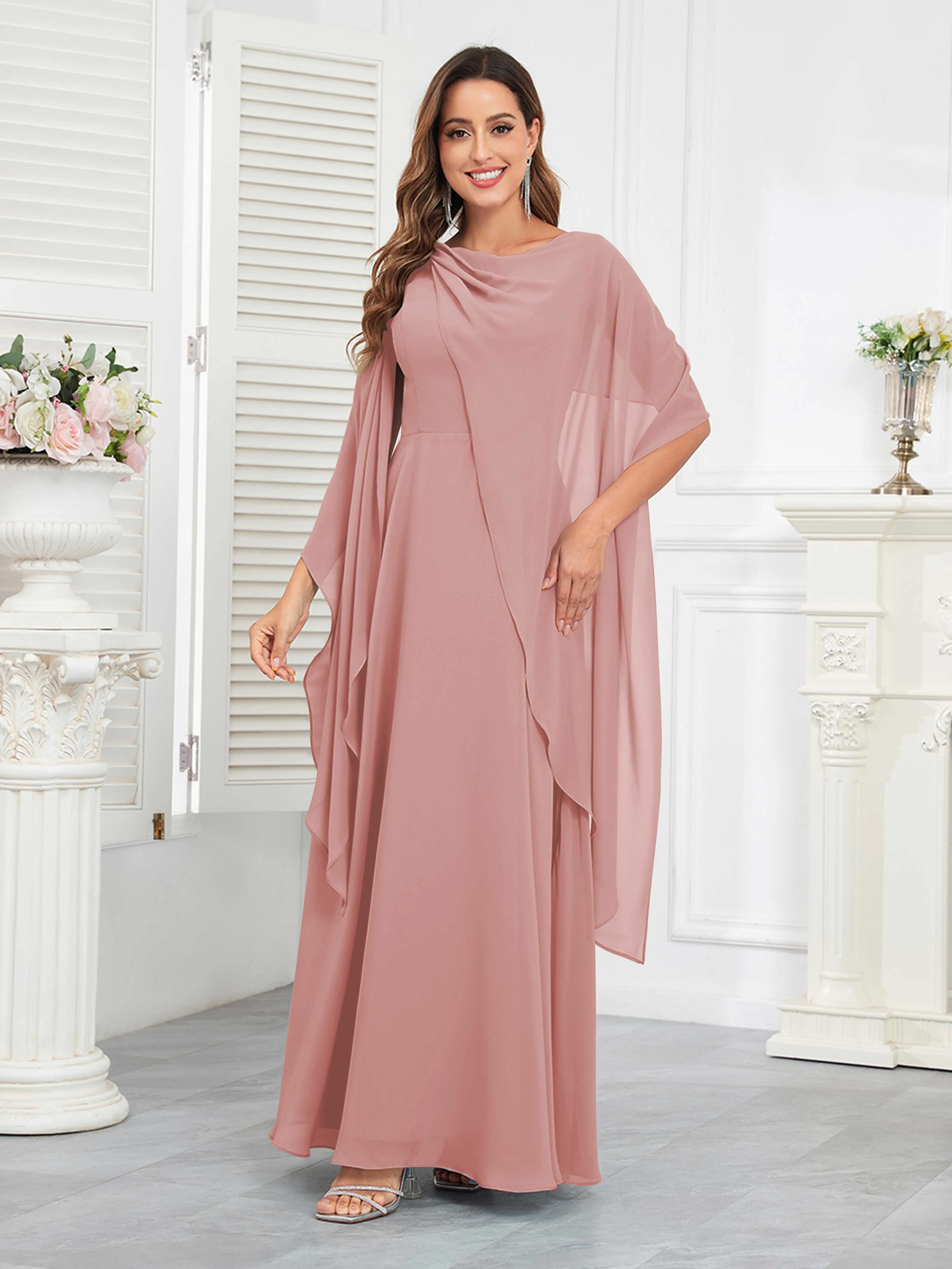 Kennedi Modest A-Line Scoop Cape Sleeves Long Chiffon Mother of the Bride & Groom Dresses
