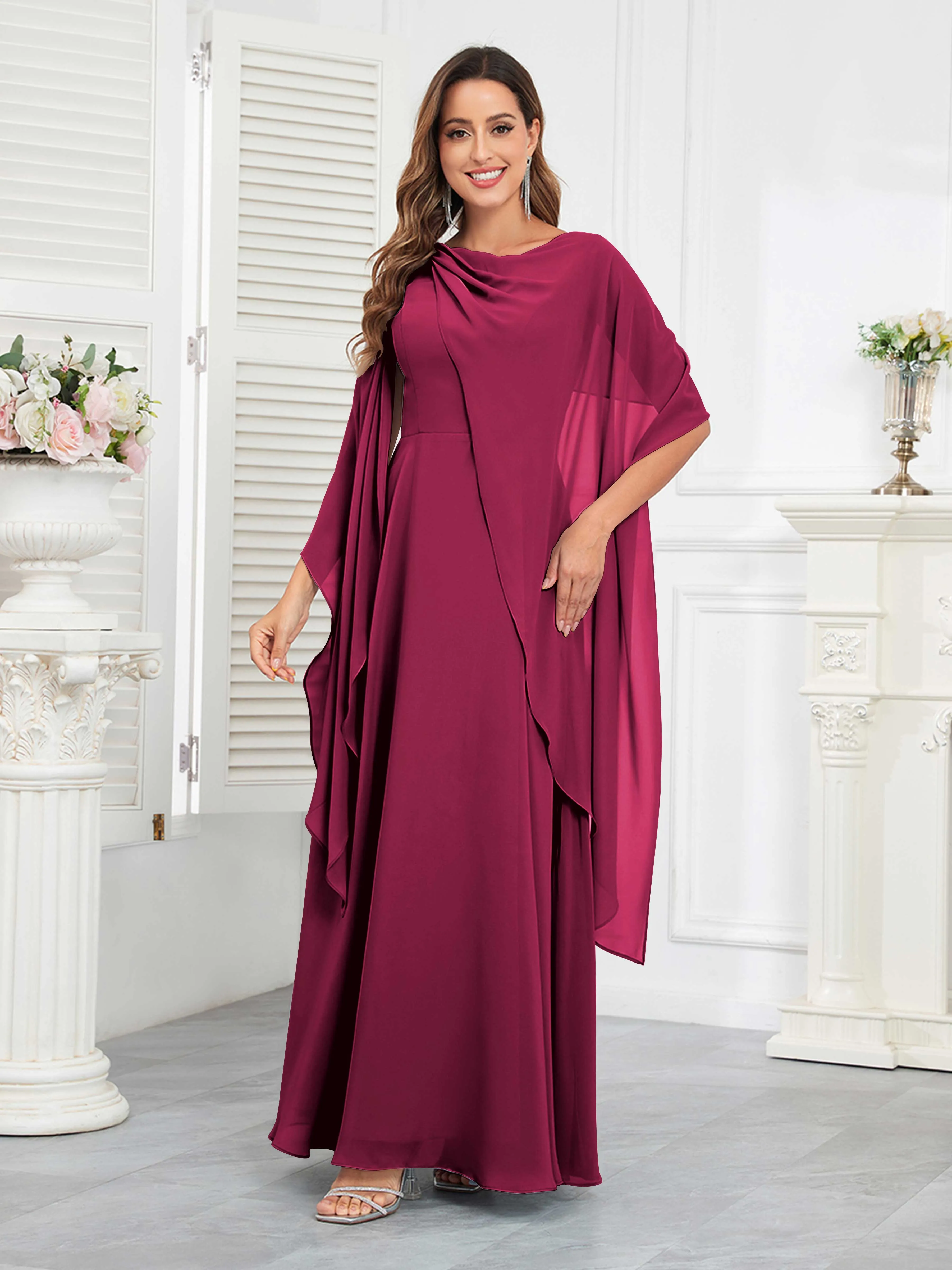 Kennedi Modest A-Line Scoop Cape Sleeves Long Chiffon Mother of the Bride & Groom Dresses