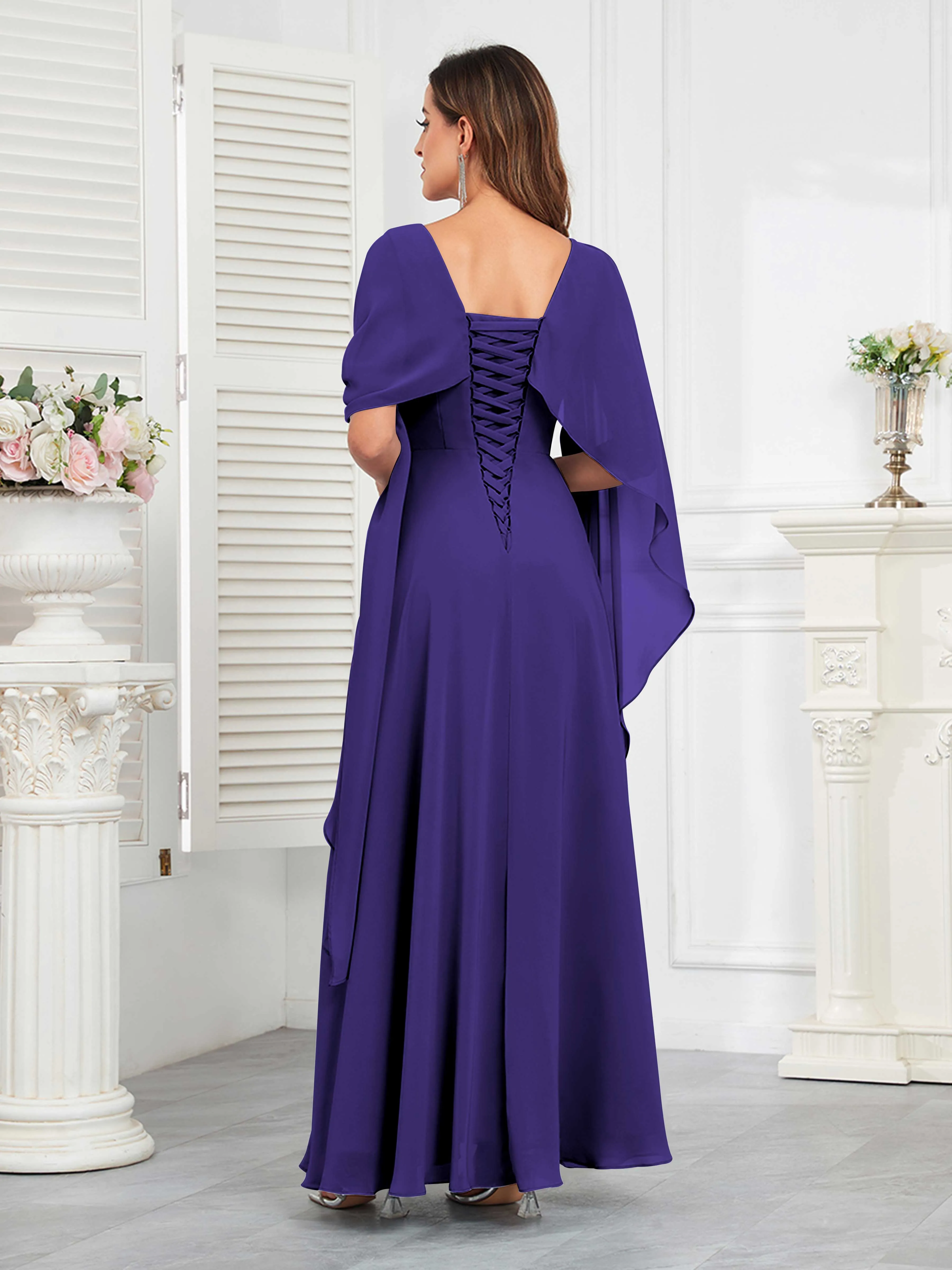 Kennedi Modest A-Line Scoop Cape Sleeves Long Chiffon Mother of the Bride & Groom Dresses