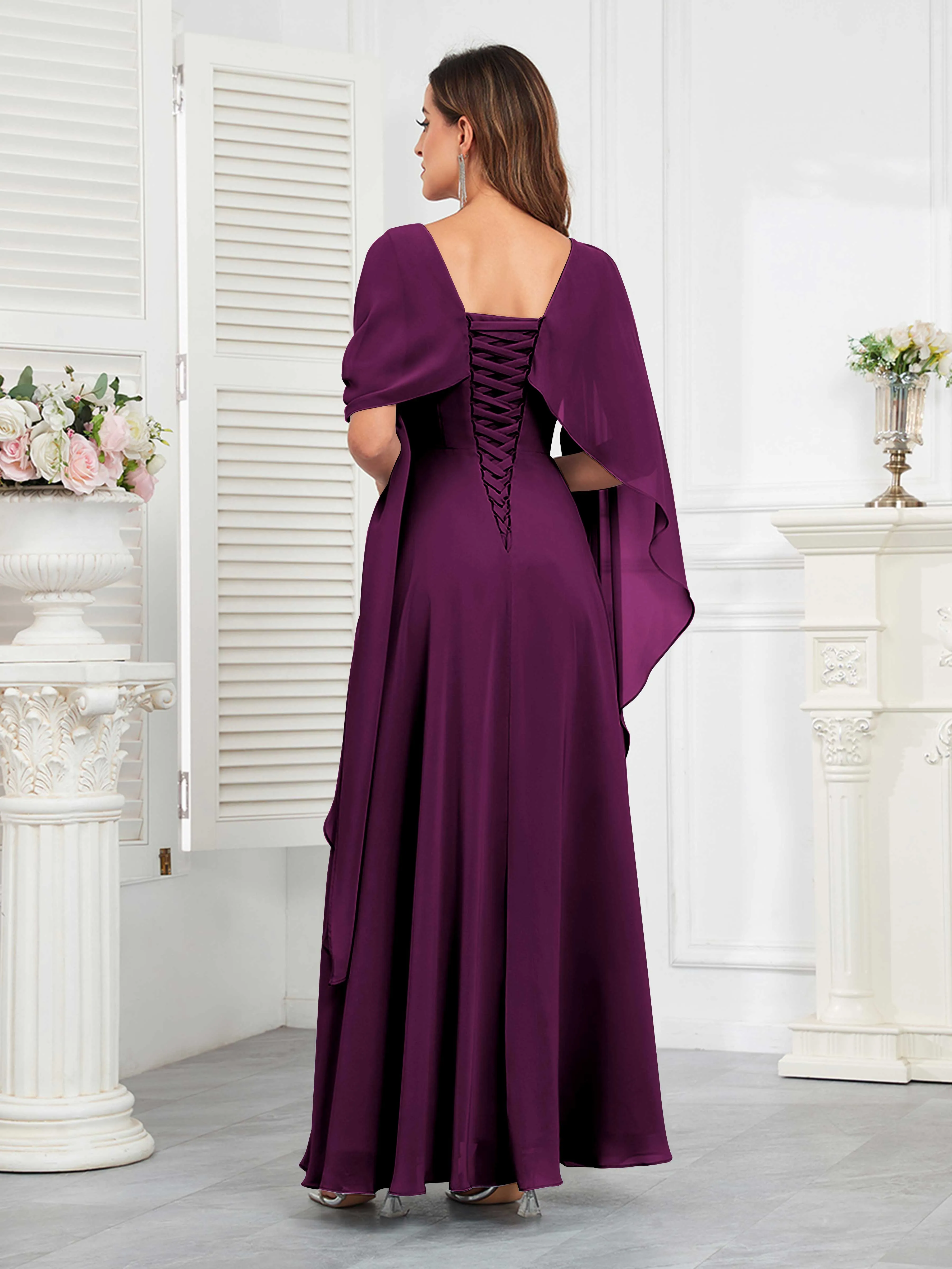 Kennedi Modest A-Line Scoop Cape Sleeves Long Chiffon Mother of the Bride & Groom Dresses