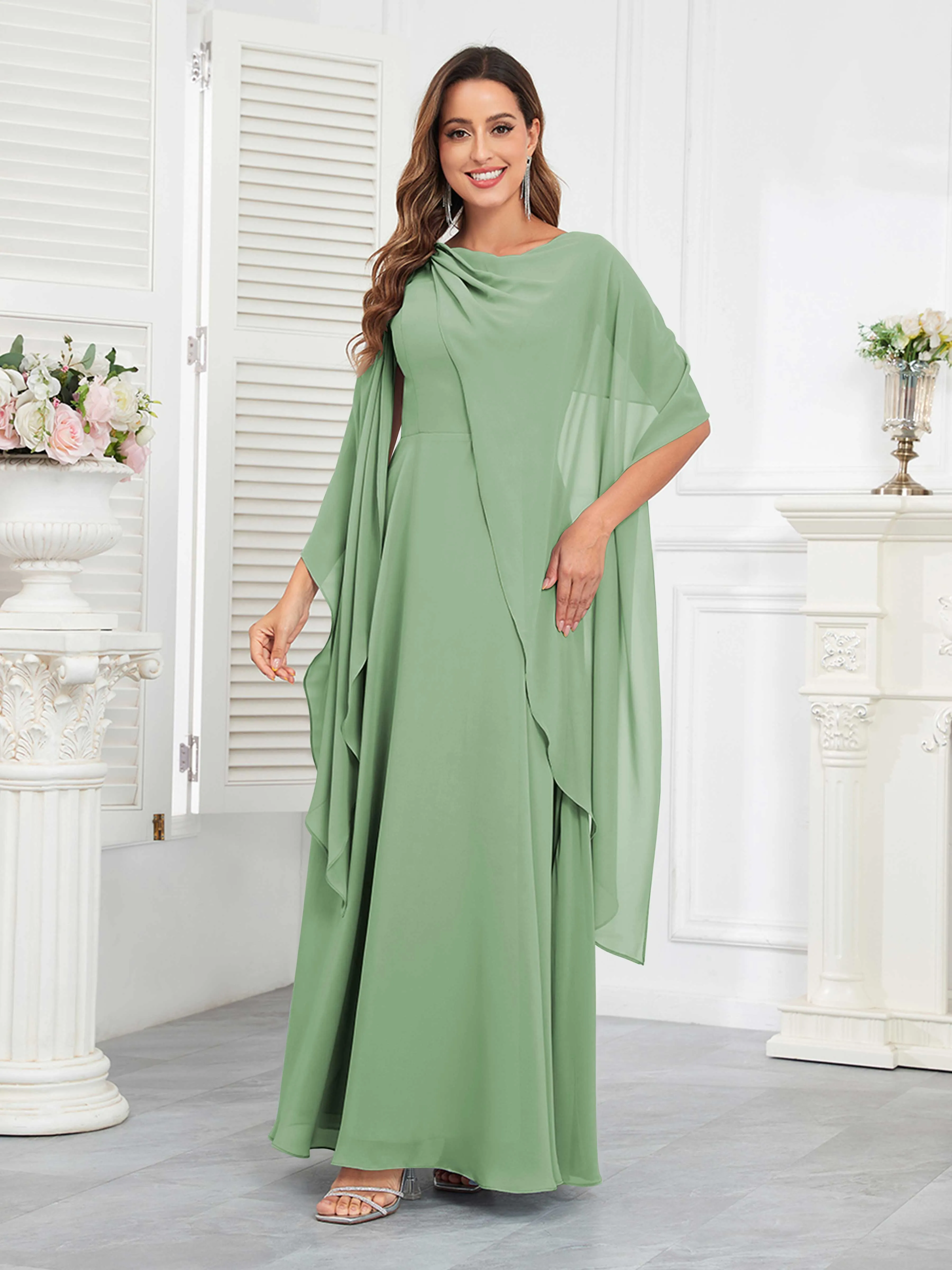 Kennedi Modest A-Line Scoop Cape Sleeves Long Chiffon Mother of the Bride & Groom Dresses