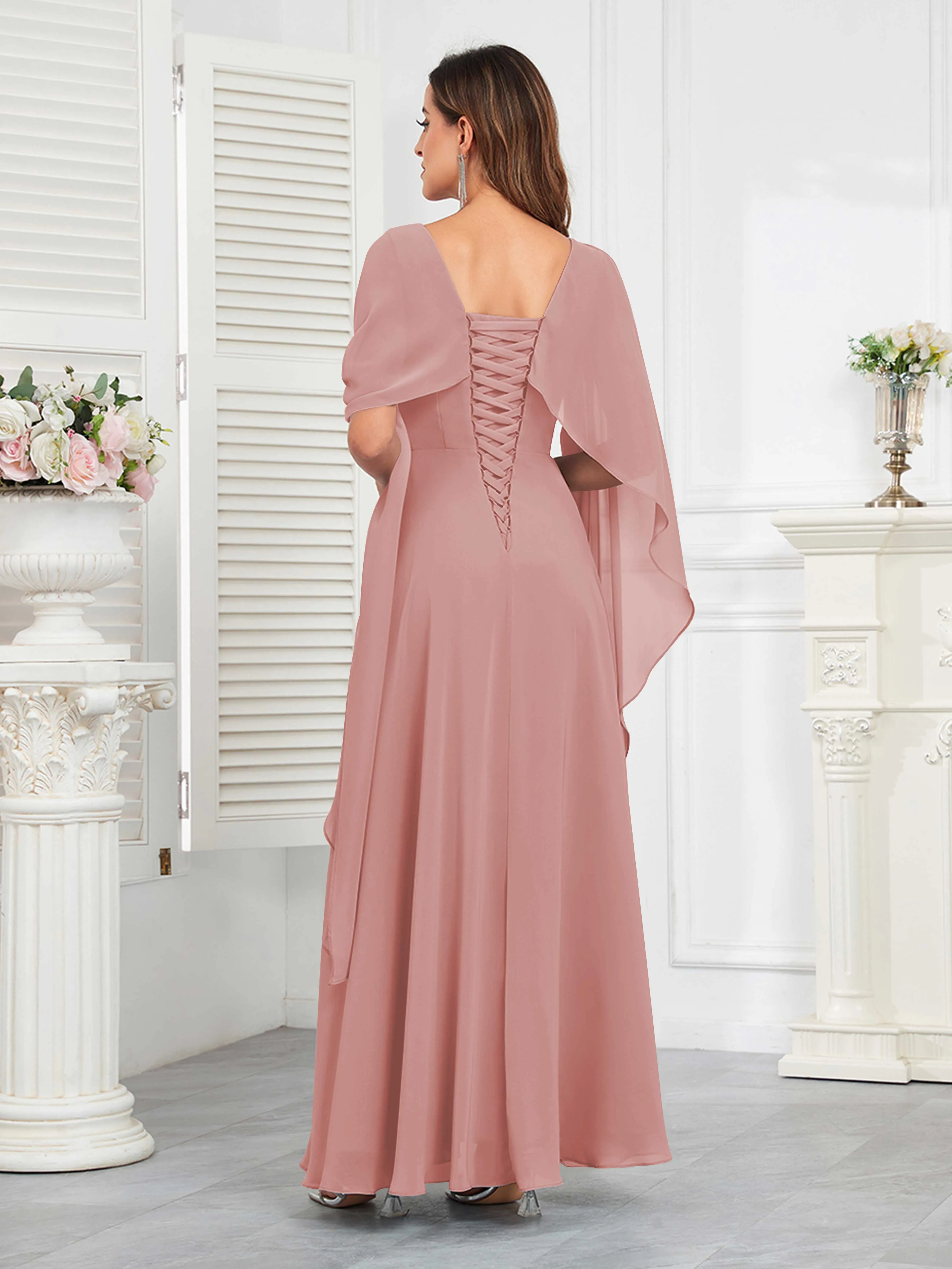 Kennedi Modest A-Line Scoop Cape Sleeves Long Chiffon Mother of the Bride & Groom Dresses