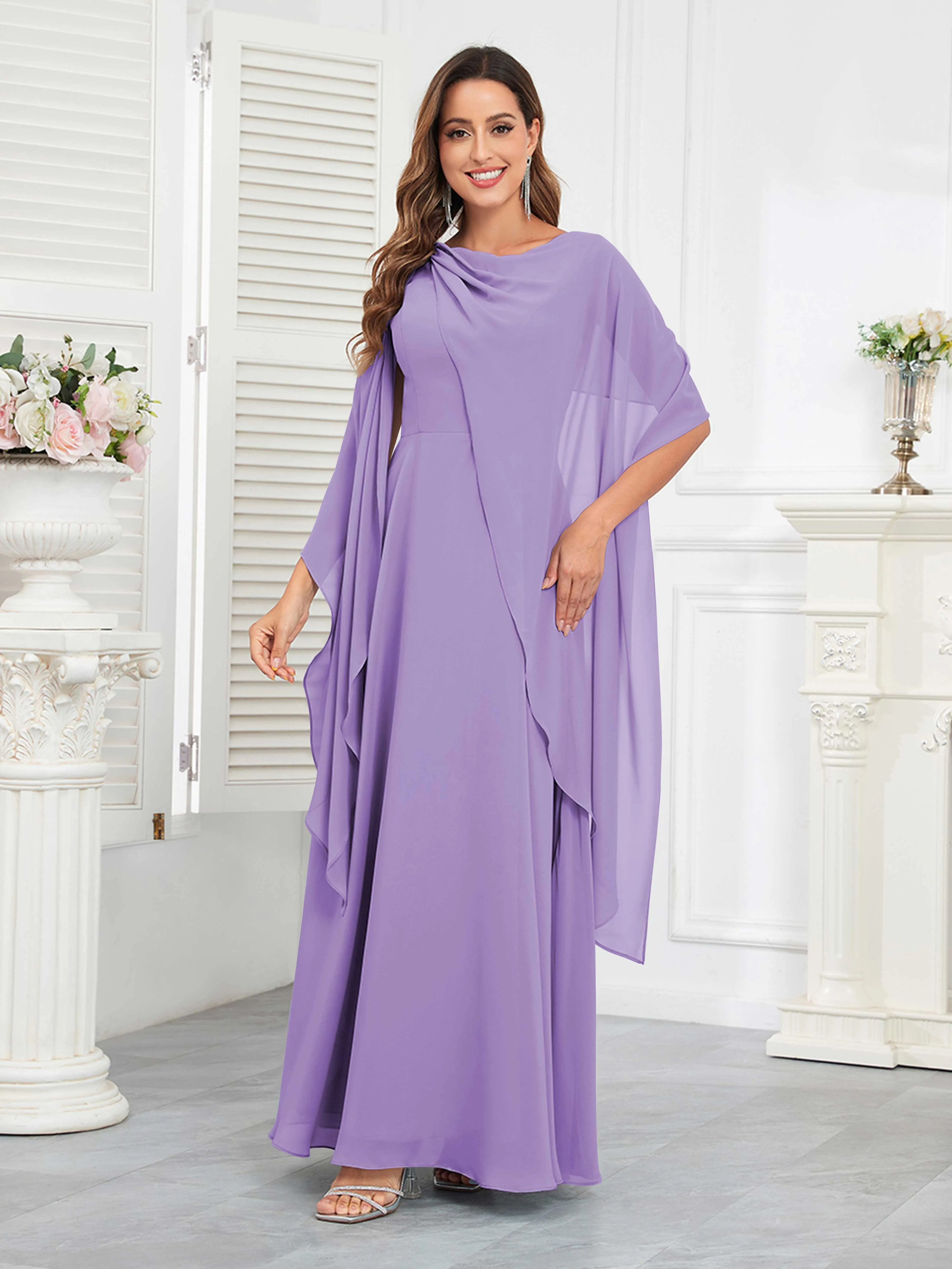 Kennedi Modest A-Line Scoop Cape Sleeves Long Chiffon Mother of the Bride & Groom Dresses