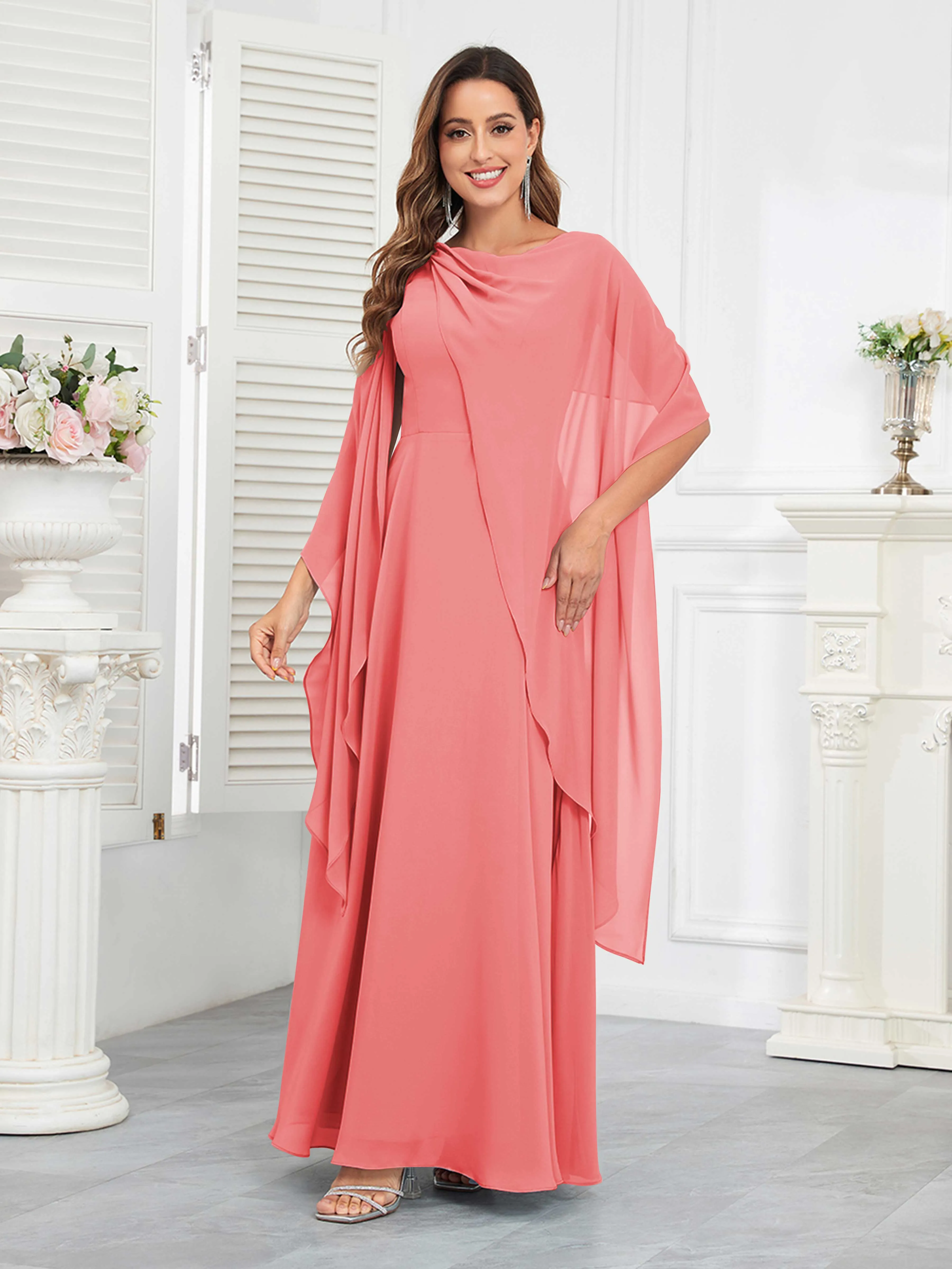 Kennedi Modest A-Line Scoop Cape Sleeves Long Chiffon Mother of the Bride & Groom Dresses