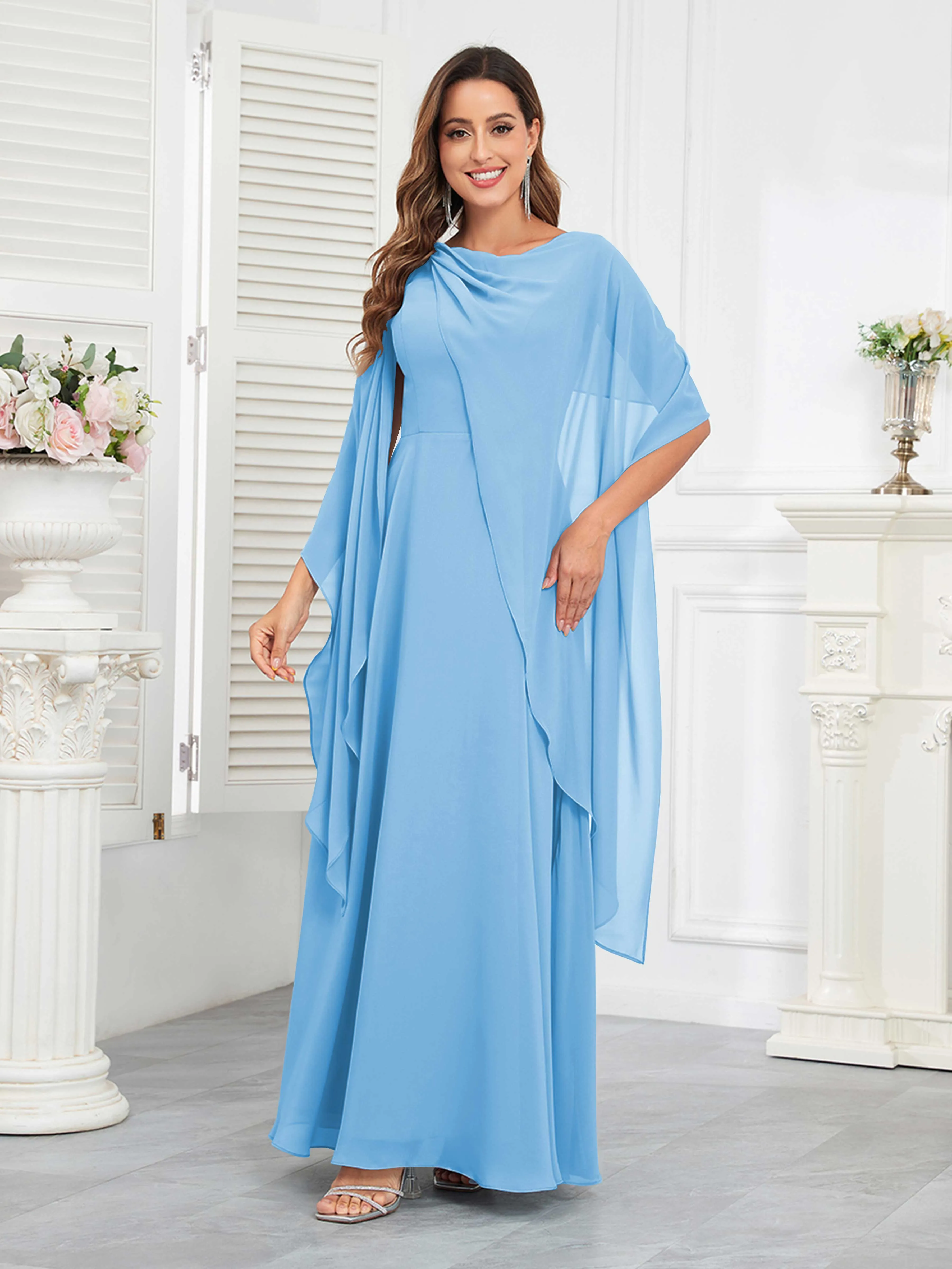 Kennedi Modest A-Line Scoop Cape Sleeves Long Chiffon Mother of the Bride & Groom Dresses