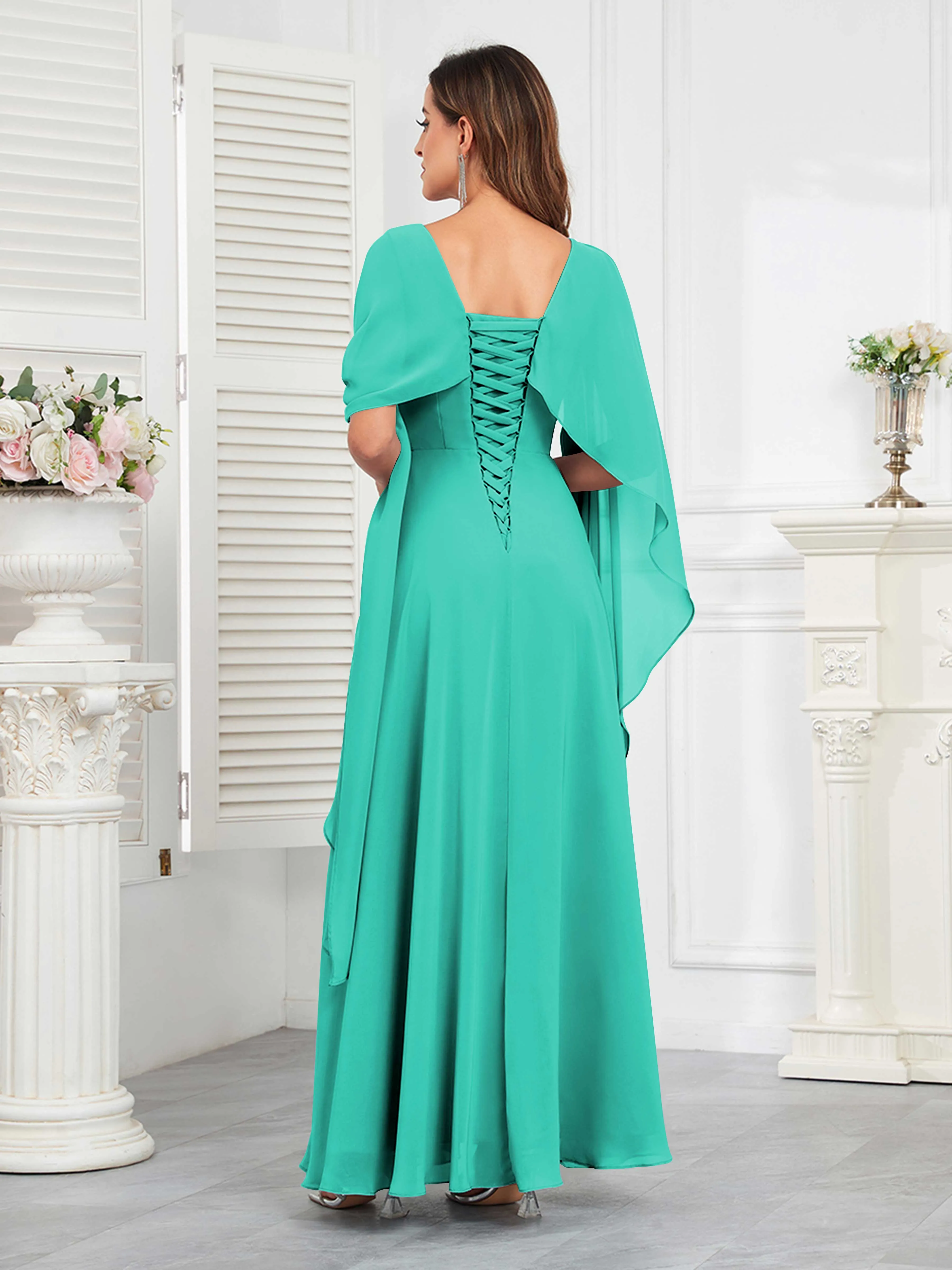Kennedi Modest A-Line Scoop Cape Sleeves Long Chiffon Mother of the Bride & Groom Dresses