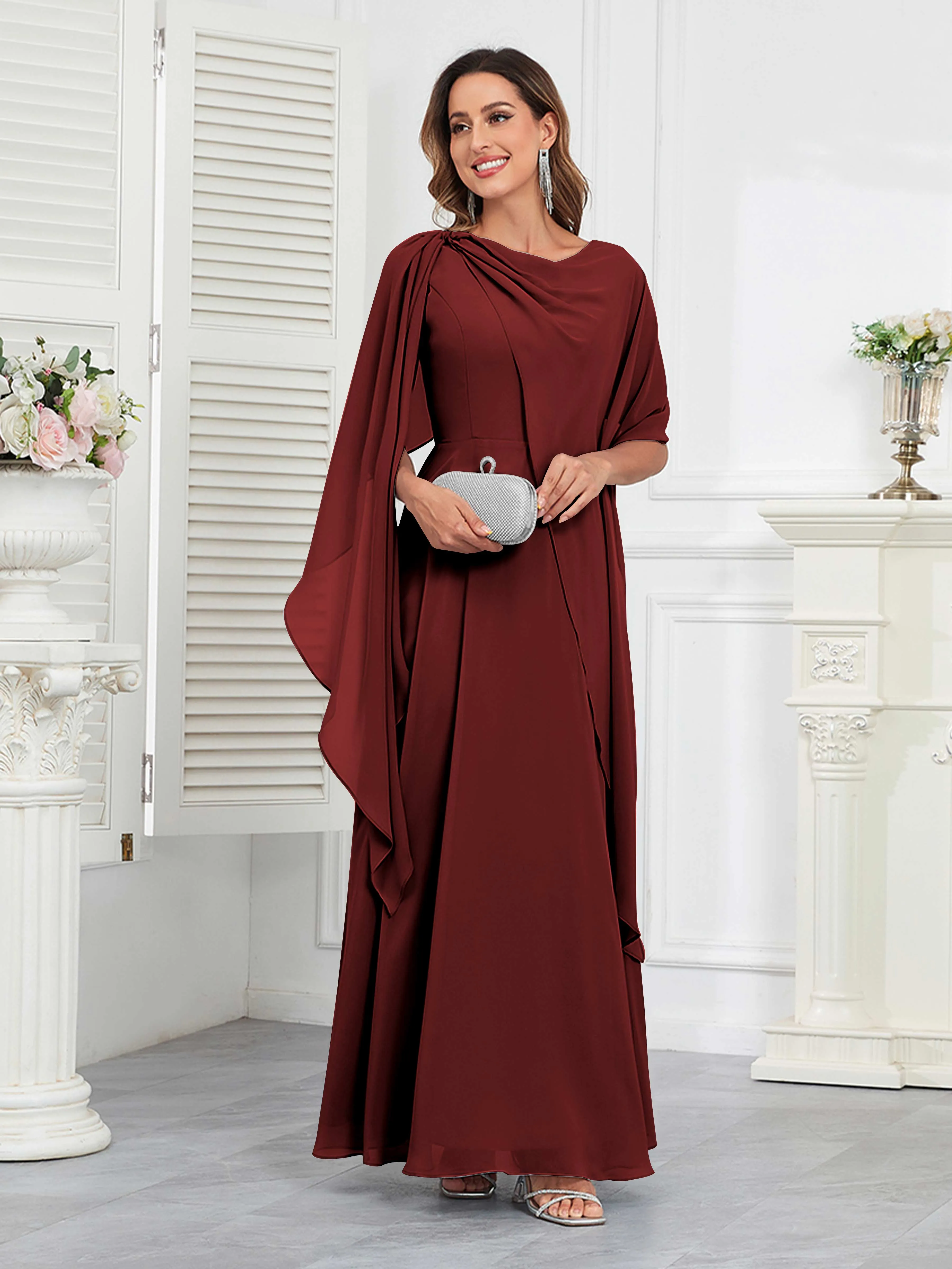 Kennedi Modest A-Line Scoop Cape Sleeves Long Chiffon Mother of the Bride & Groom Dresses