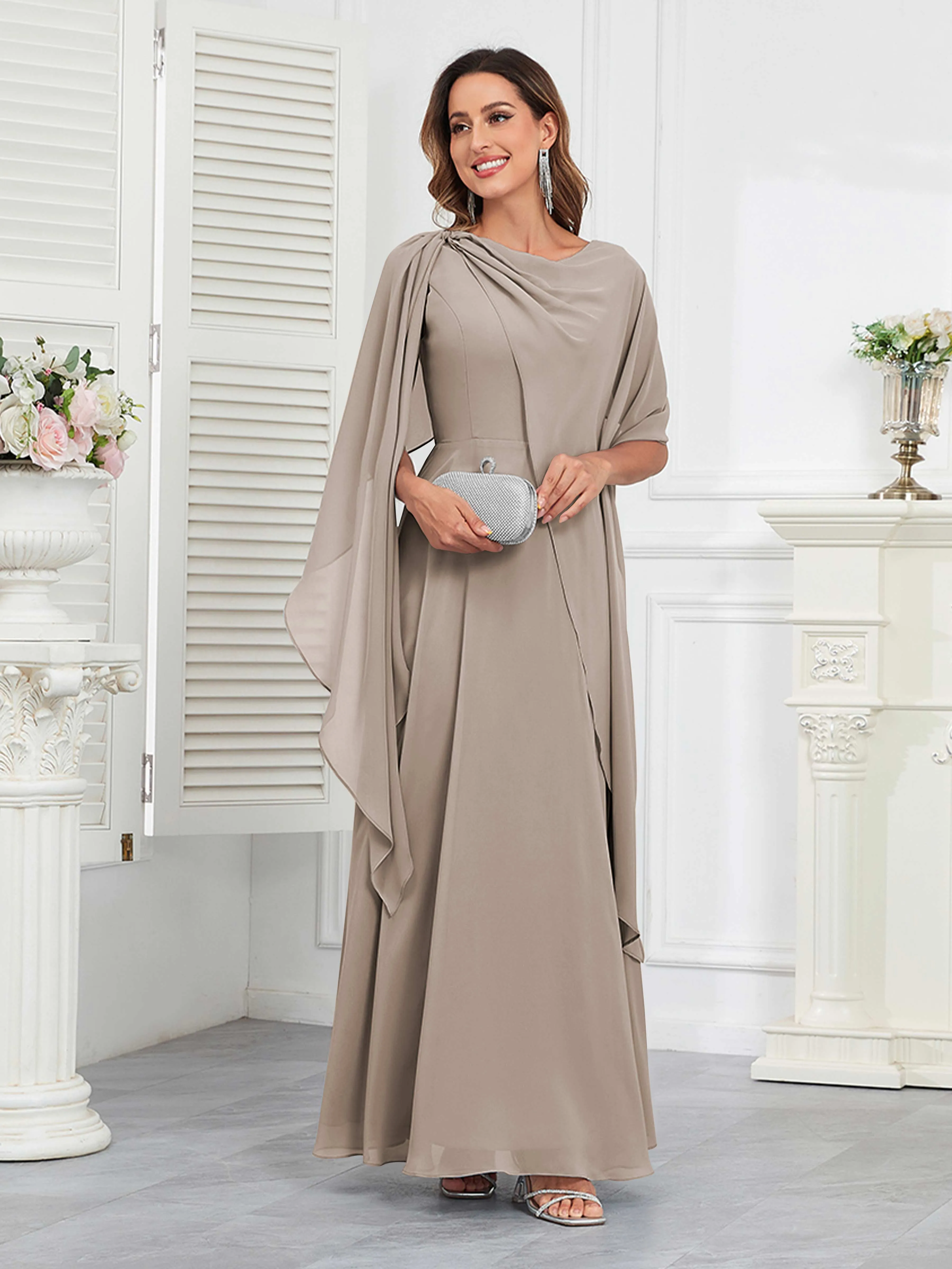 Kennedi Modest A-Line Scoop Cape Sleeves Long Chiffon Mother of the Bride & Groom Dresses