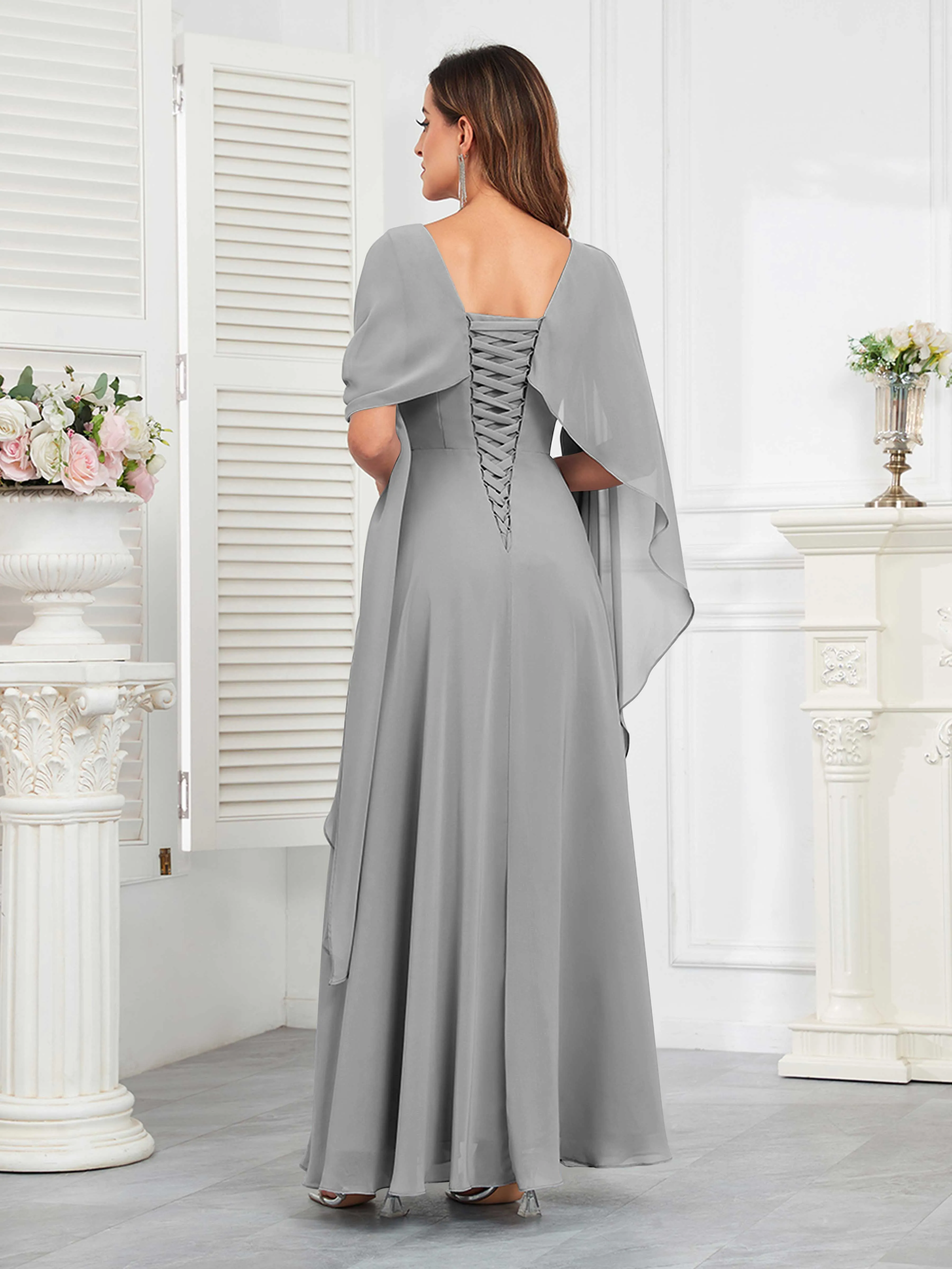 Kennedi Modest A-Line Scoop Cape Sleeves Long Chiffon Mother of the Bride & Groom Dresses