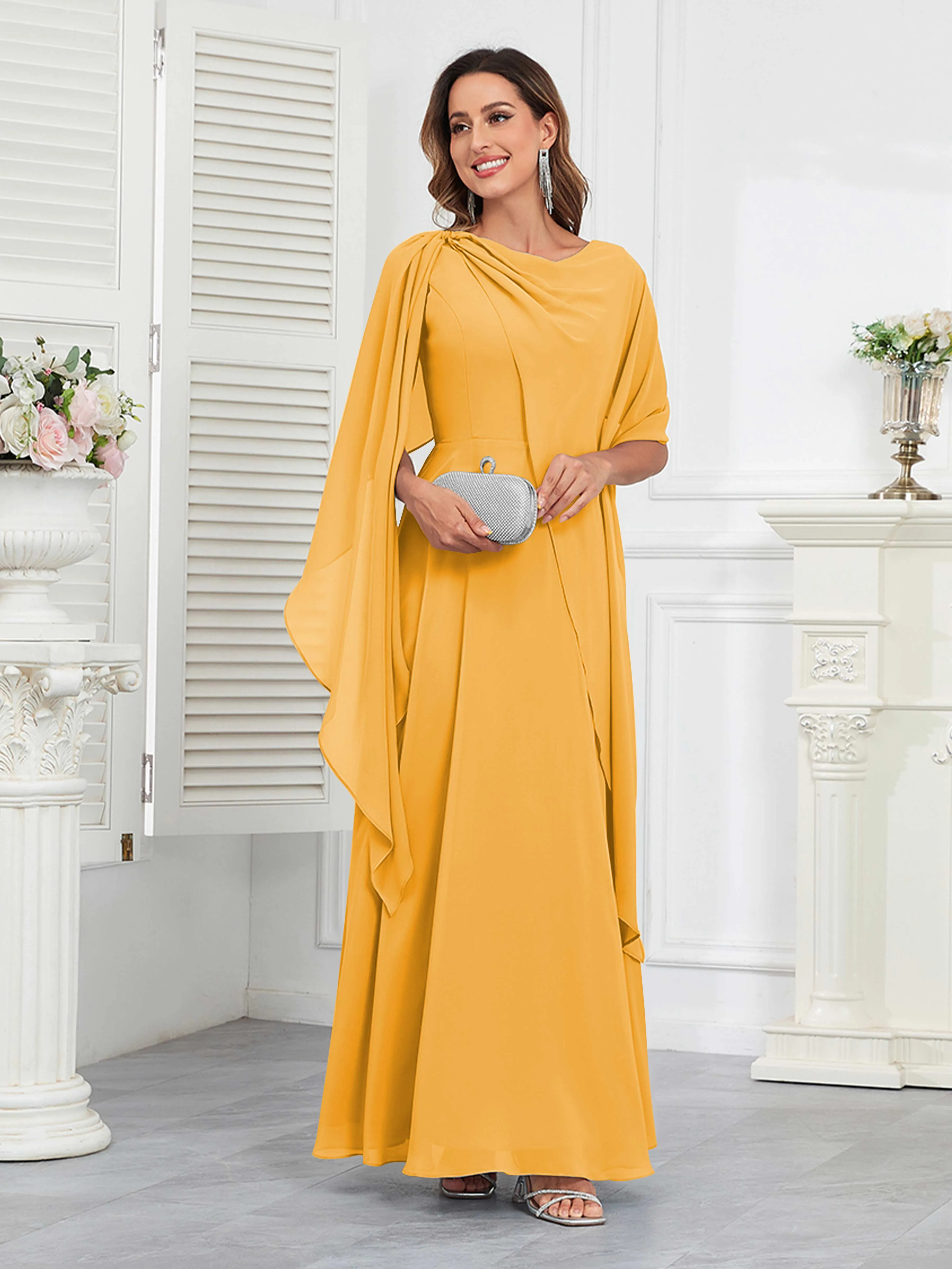 Kennedi Modest A-Line Scoop Cape Sleeves Long Chiffon Mother of the Bride & Groom Dresses