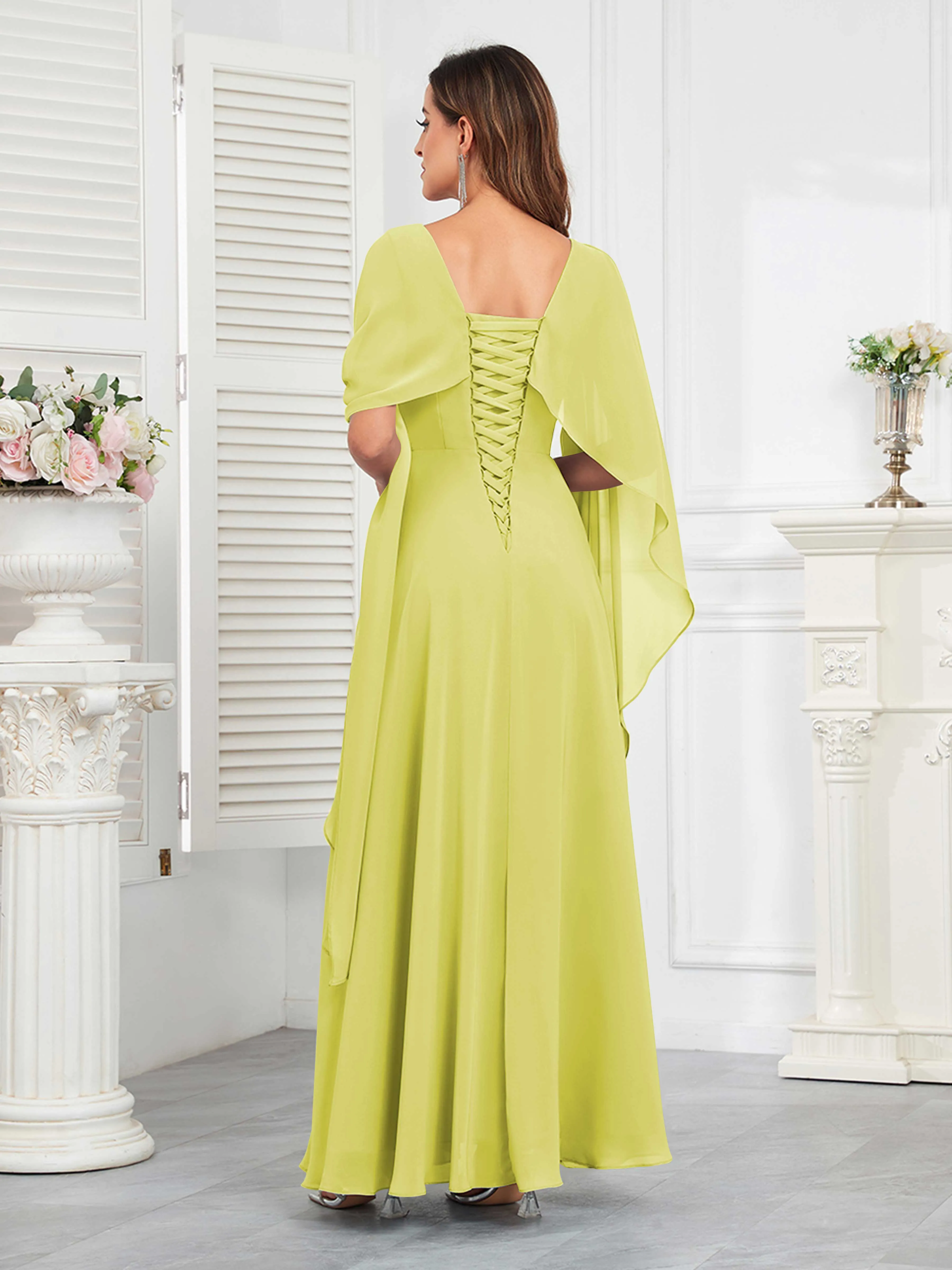 Kennedi Modest A-Line Scoop Cape Sleeves Long Chiffon Mother of the Bride & Groom Dresses