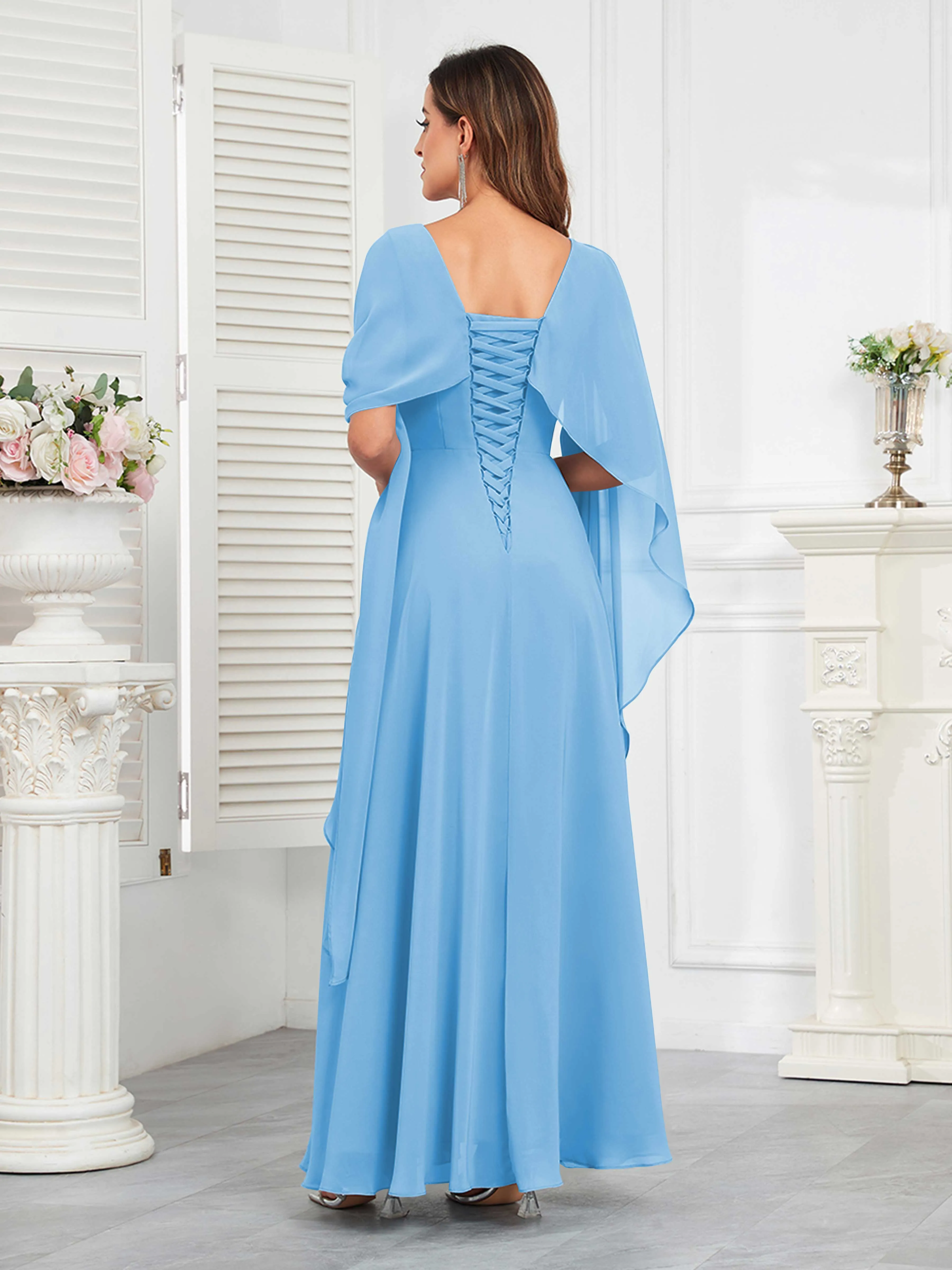 Kennedi Modest A-Line Scoop Cape Sleeves Long Chiffon Mother of the Bride & Groom Dresses