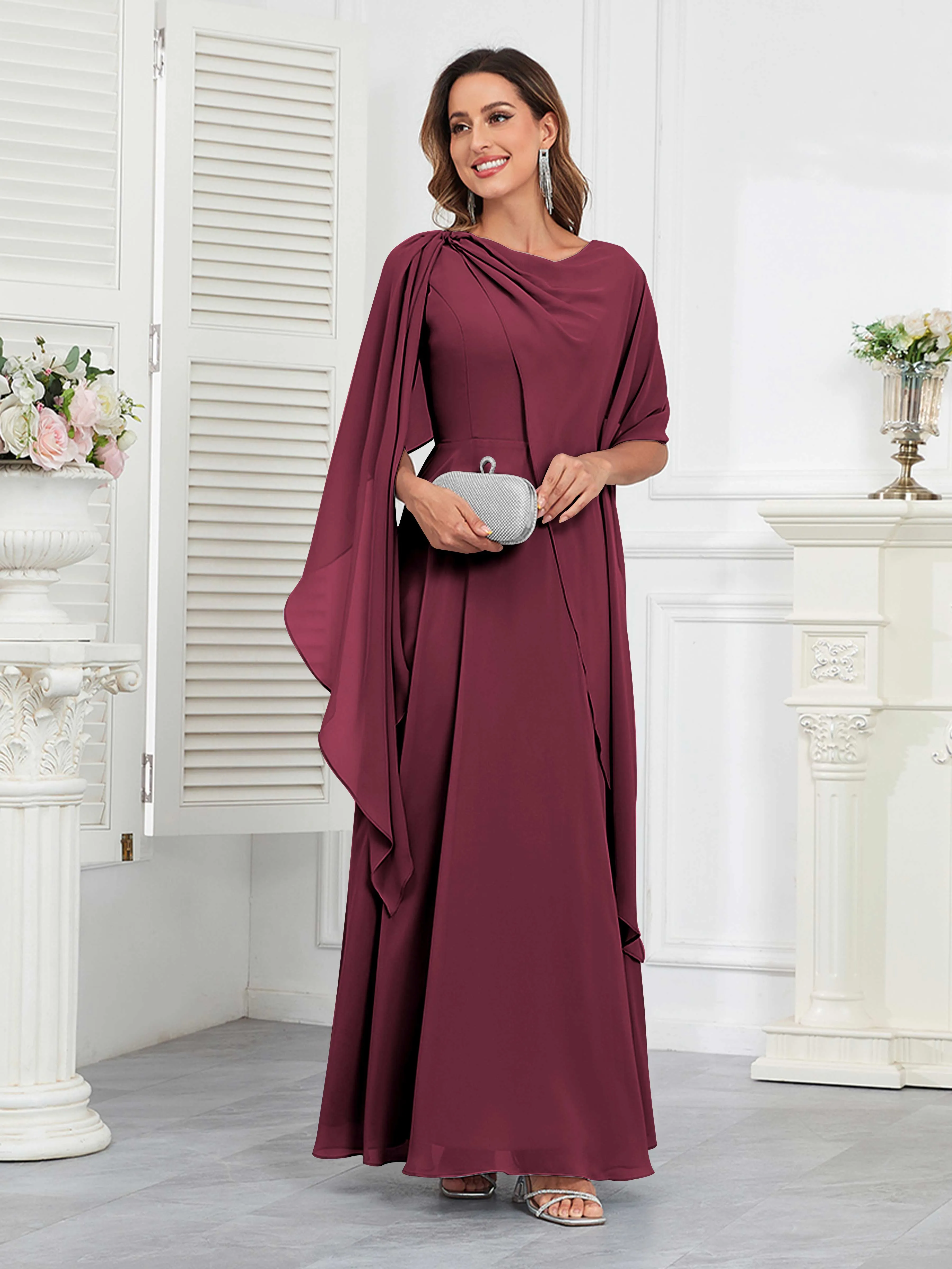 Kennedi Modest A-Line Scoop Cape Sleeves Long Chiffon Mother of the Bride & Groom Dresses