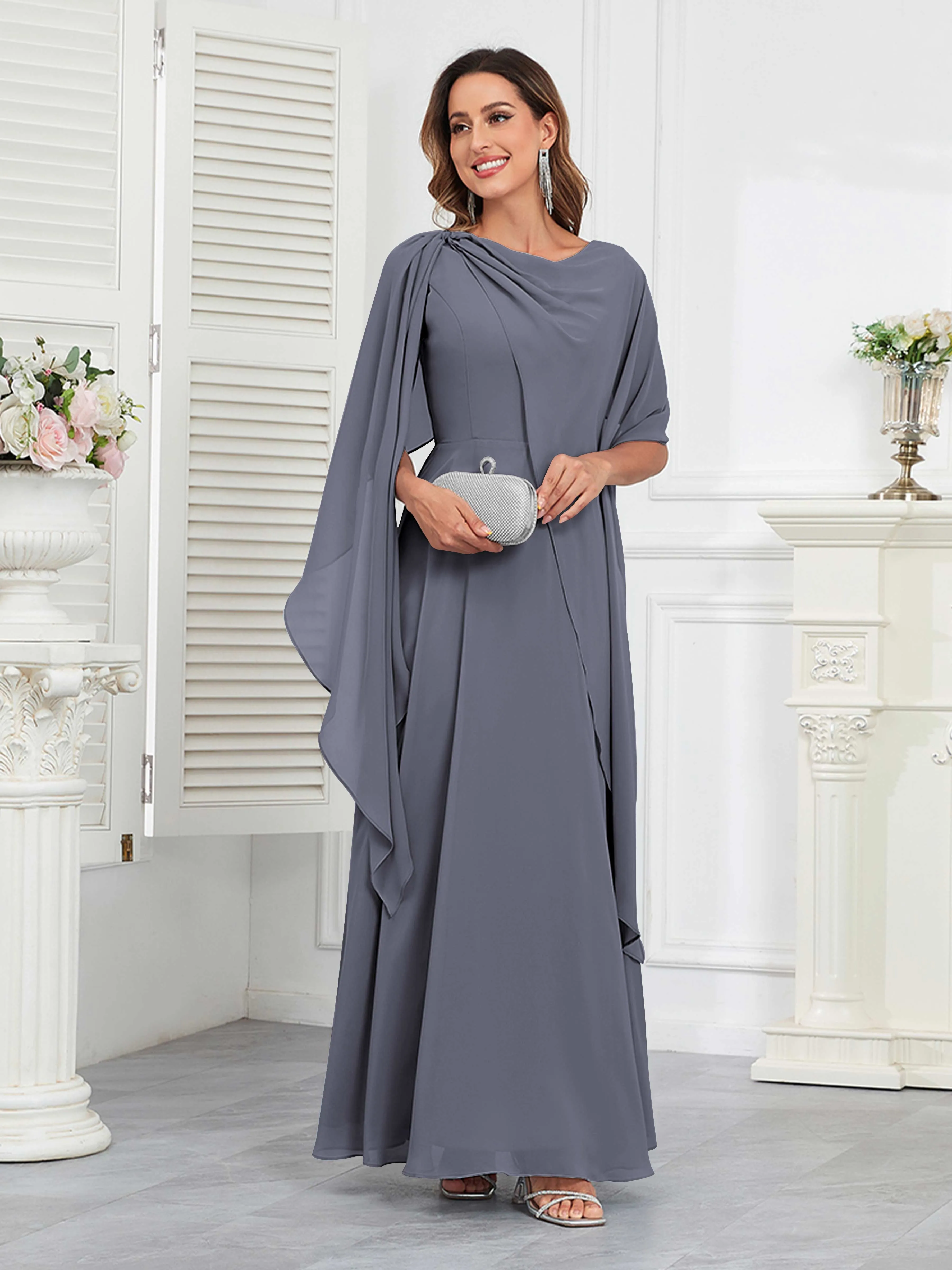 Kennedi Modest A-Line Scoop Cape Sleeves Long Chiffon Mother of the Bride & Groom Dresses