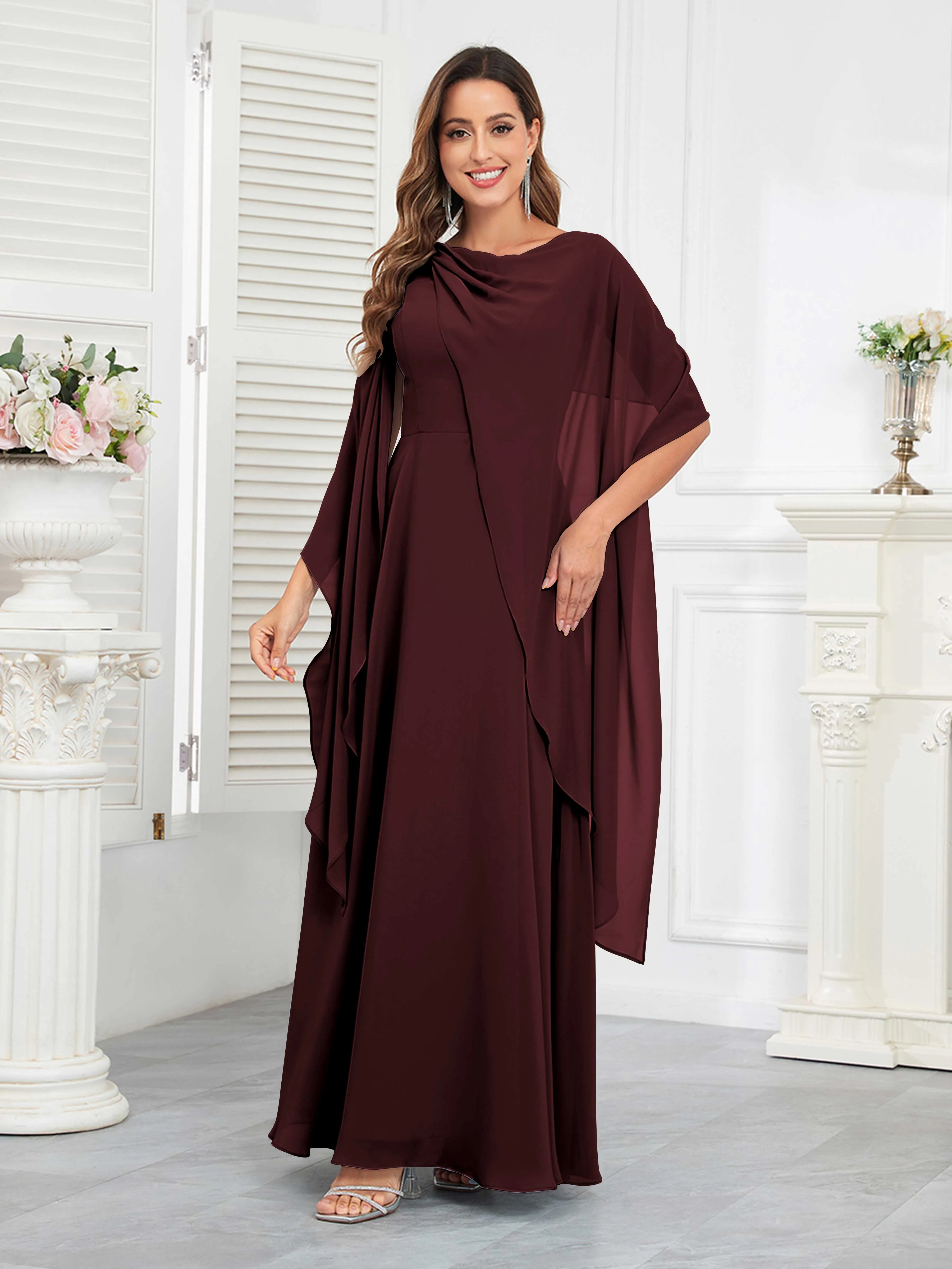 Kennedi Modest A-Line Scoop Cape Sleeves Long Chiffon Mother of the Bride & Groom Dresses