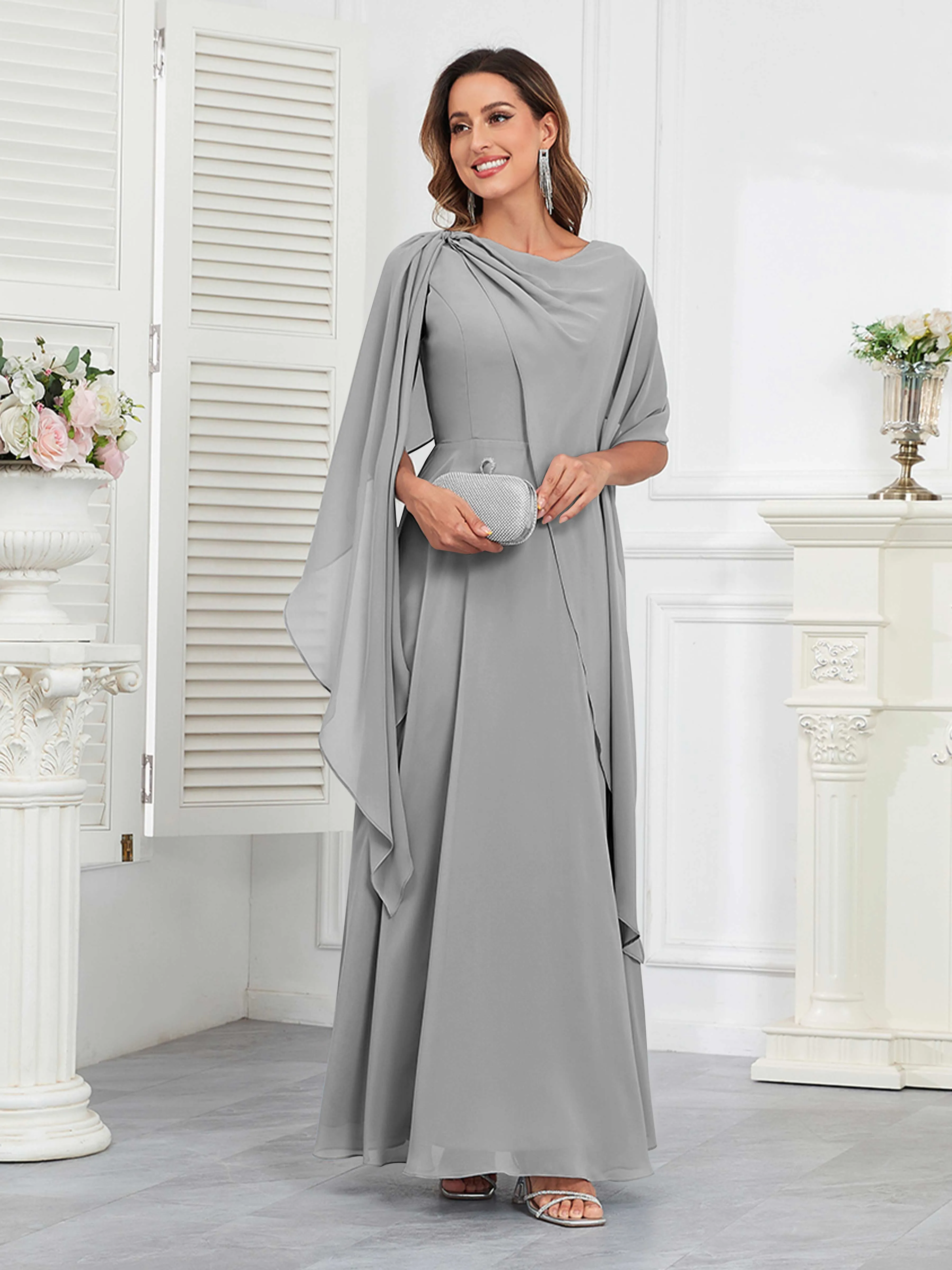 Kennedi Modest A-Line Scoop Cape Sleeves Long Chiffon Mother of the Bride & Groom Dresses