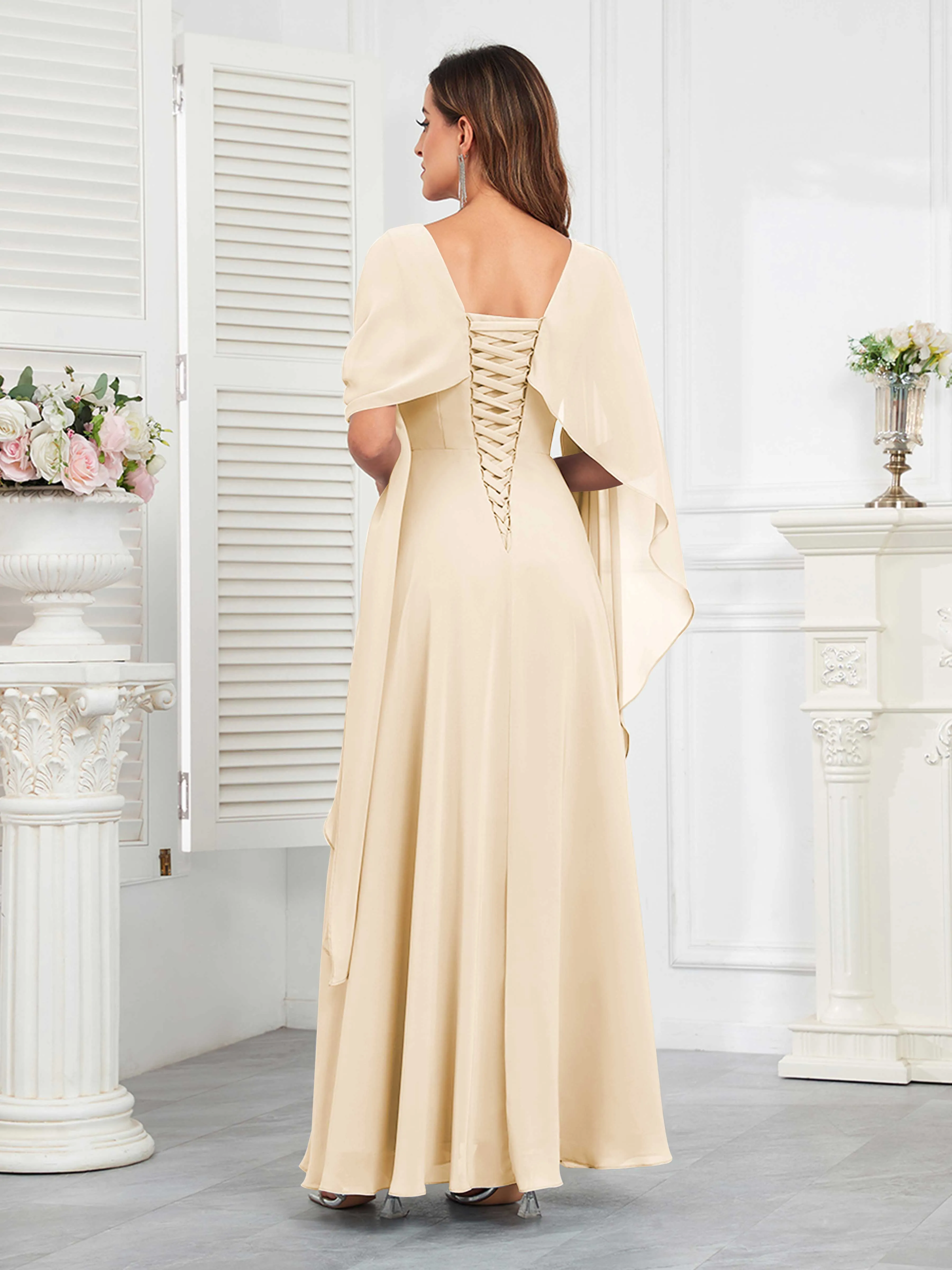 Kennedi Modest A-Line Scoop Cape Sleeves Long Chiffon Mother of the Bride & Groom Dresses