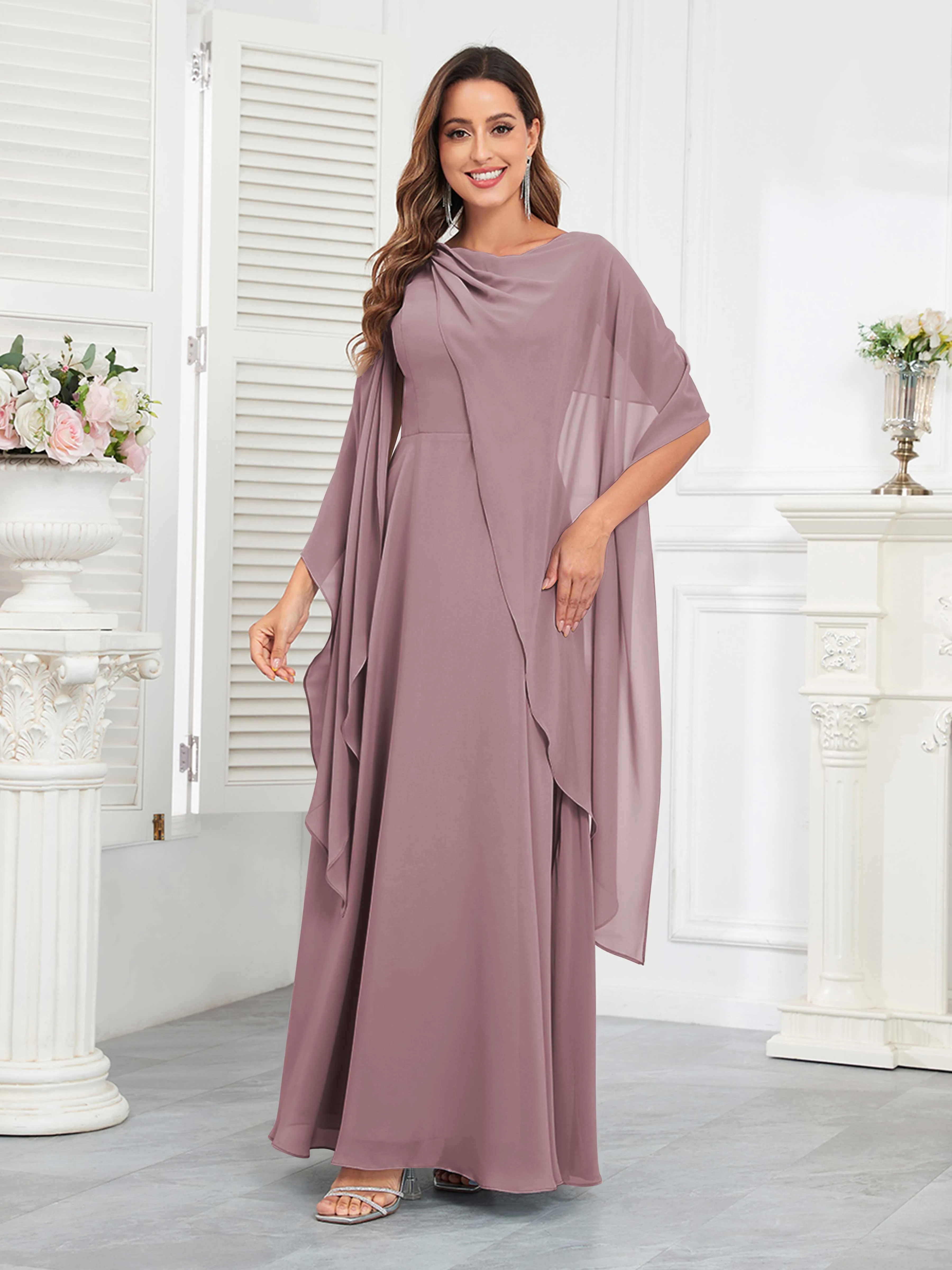 Kennedi Modest A-Line Scoop Cape Sleeves Long Chiffon Mother of the Bride & Groom Dresses