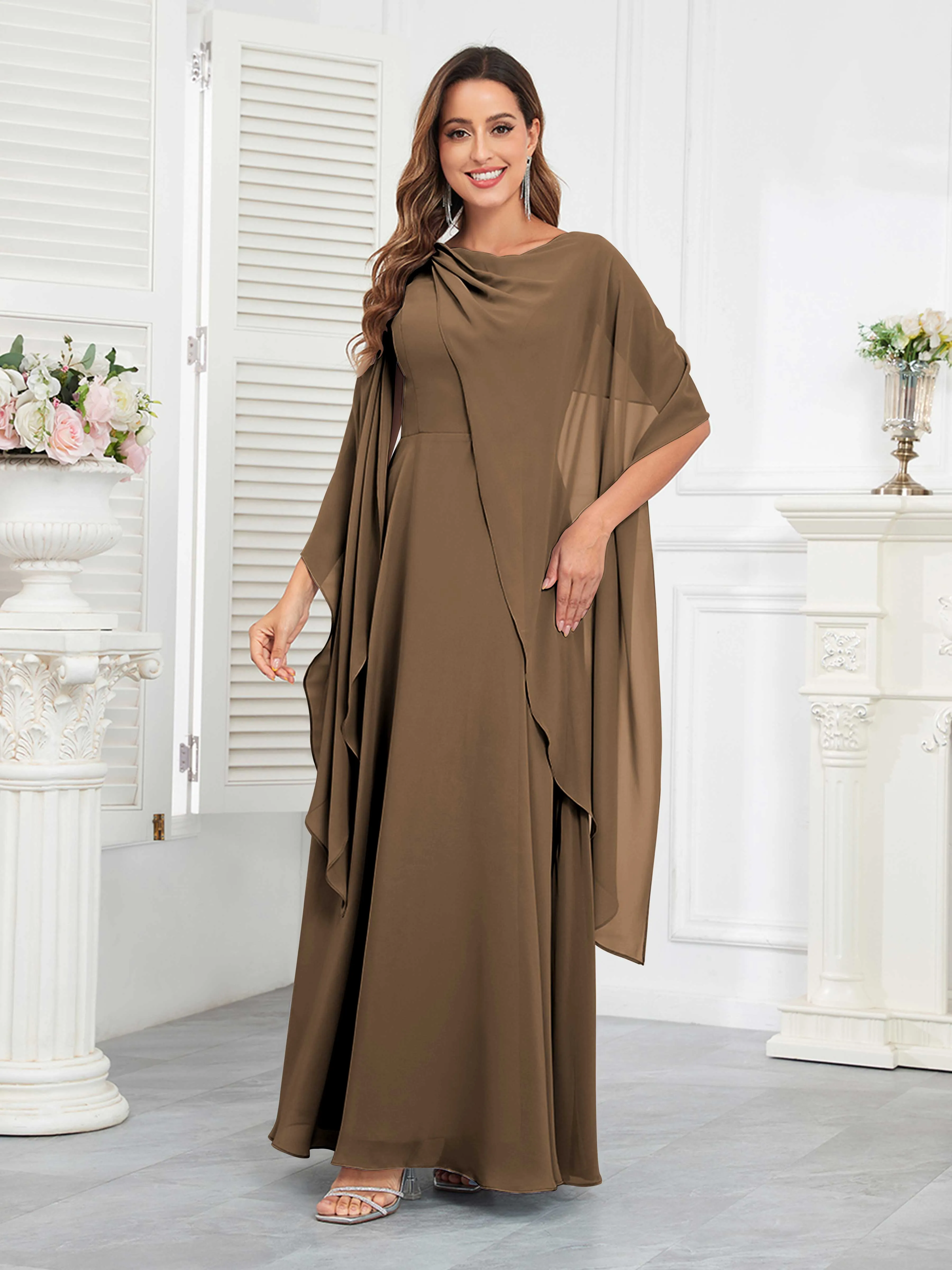 Kennedi Modest A-Line Scoop Cape Sleeves Long Chiffon Mother of the Bride & Groom Dresses