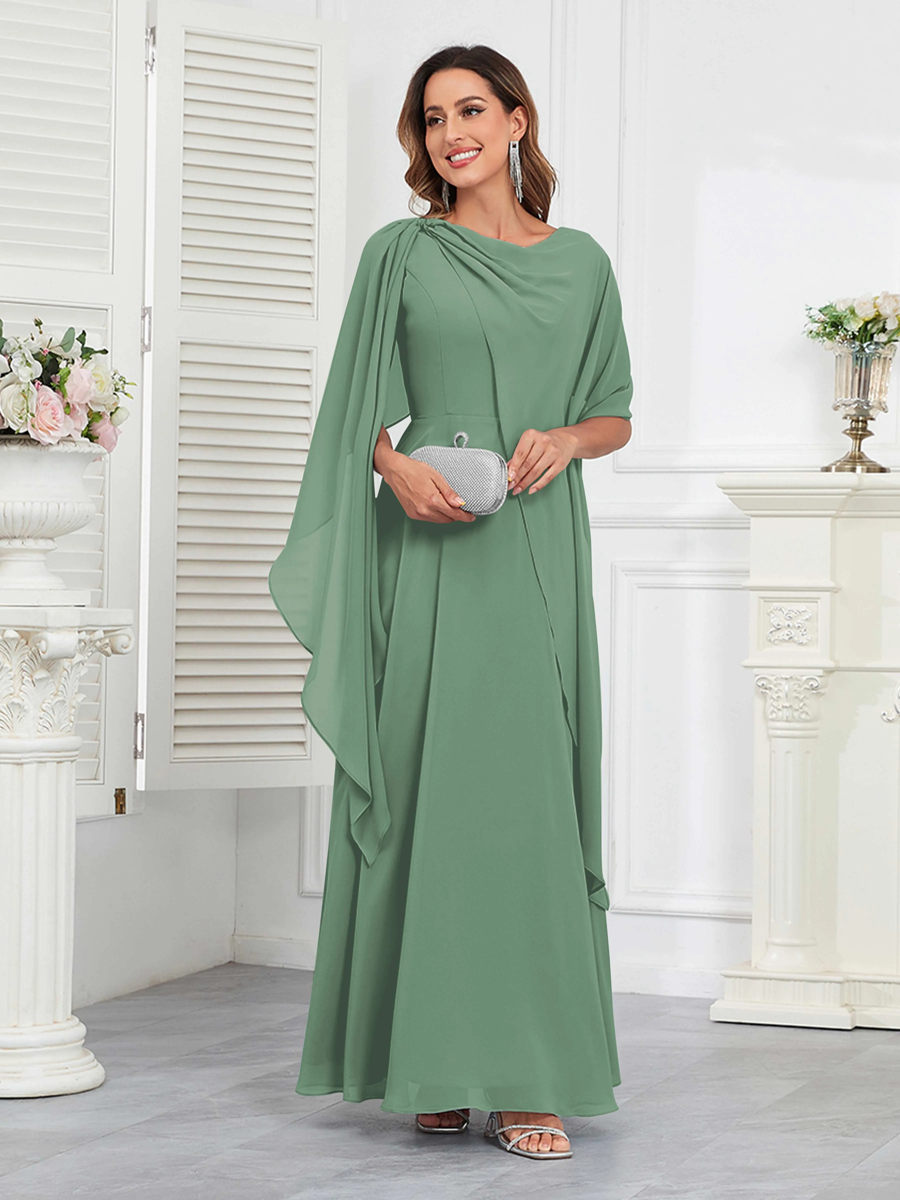 Kennedi Modest A-Line Scoop Cape Sleeves Long Chiffon Mother of the Bride & Groom Dresses