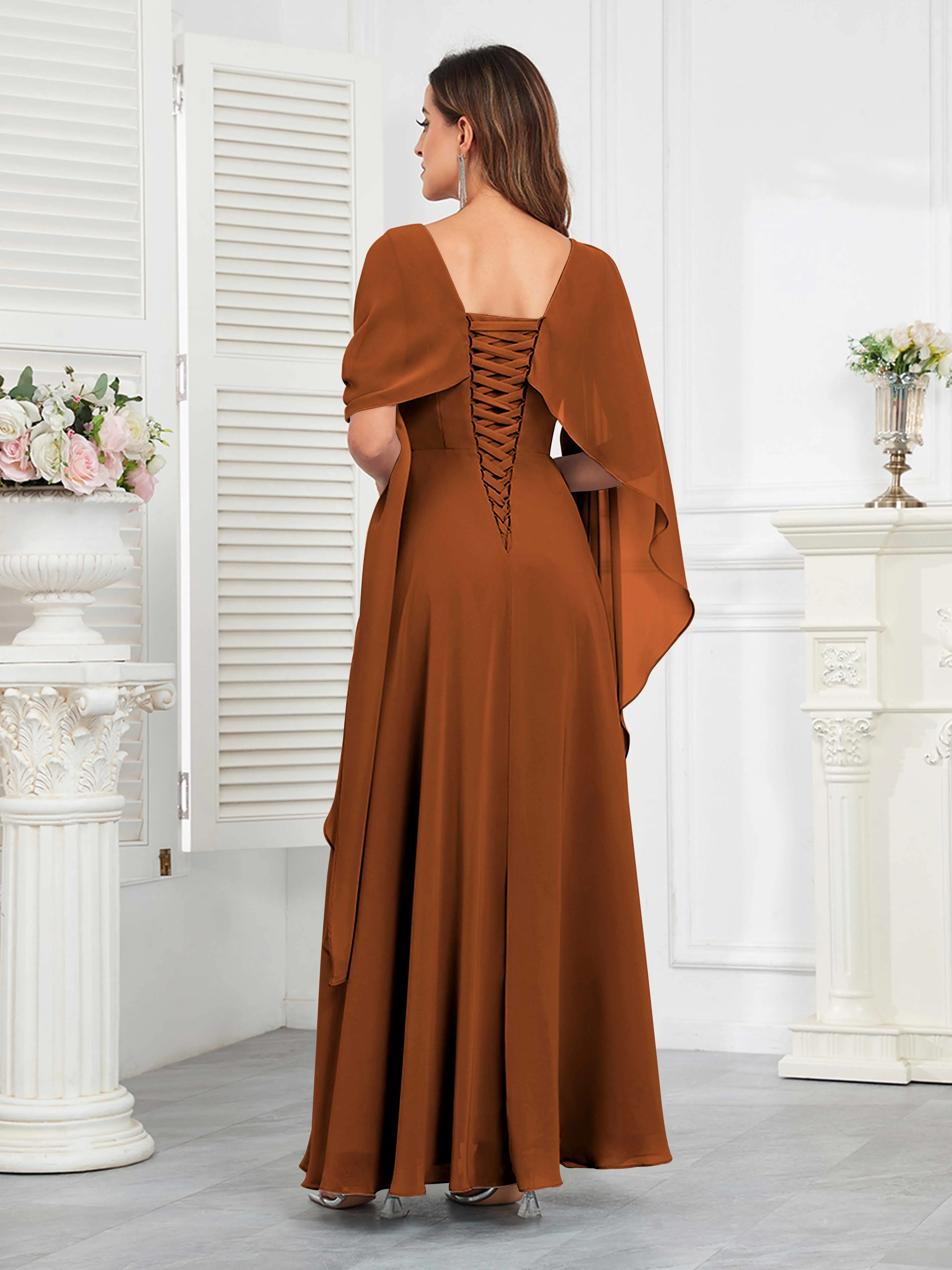 Kennedi Modest A-Line Scoop Cape Sleeves Long Chiffon Mother of the Bride & Groom Dresses