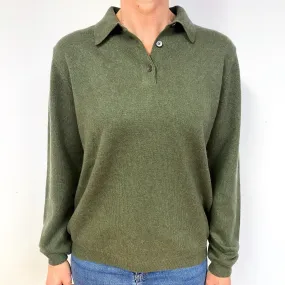 Khaki Cashmere V-Neck Collared Jumper Medium