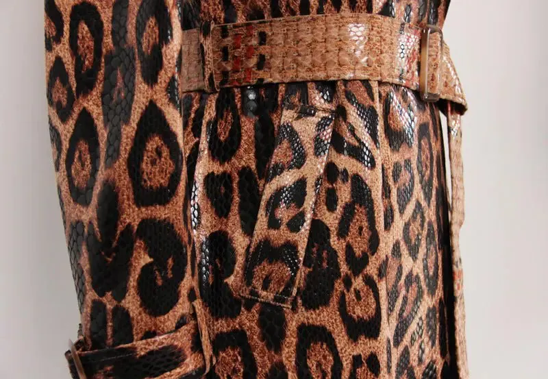 Leopard Printed Leather Trench Coat