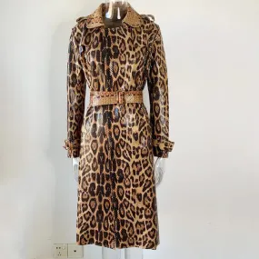 Leopard Printed Leather Trench Coat