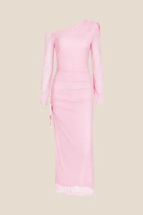 Long Sleeves Pink Ruched Long Dress with Slit
