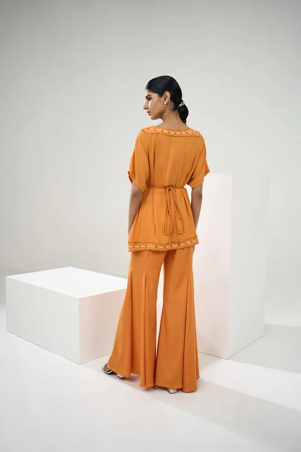 Marigold Yellow Placement Embroidered Tunic With Flared Pants