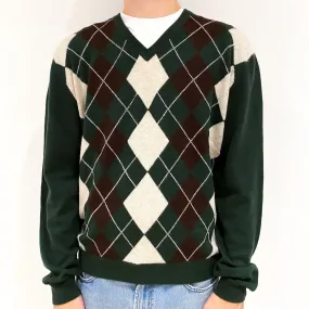 Men's Seaweed Green Argyle Patterned Cashmere V-Neck Jumper Large
