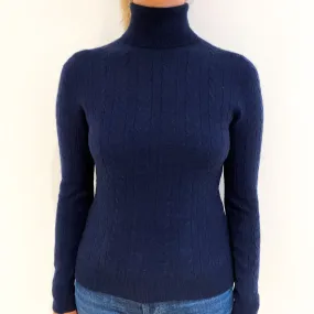 Navy Blue Cable Cashmere Polo Neck Jumper Small