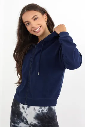 NAVY CROPPED ZIP THROUGH HOODED SWEATSHIRT