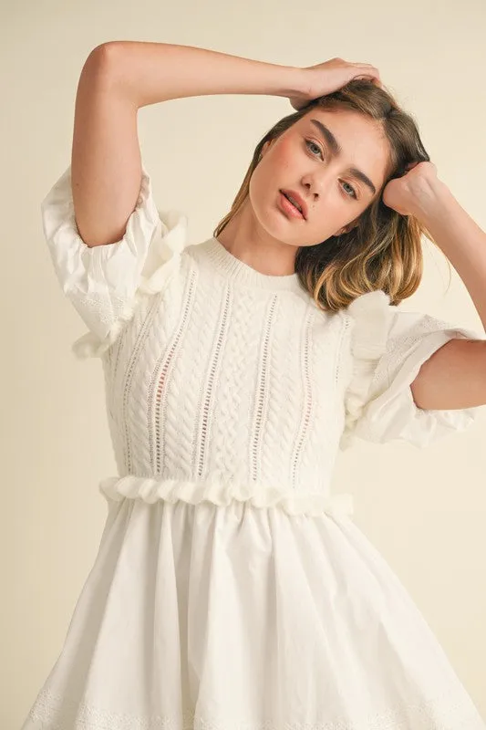 NEWEST ARRIVAL White Contrast Knit Bubble Dress