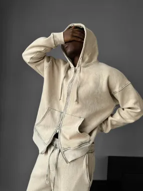 Oversize Washed Zipper Hoodie - Stone