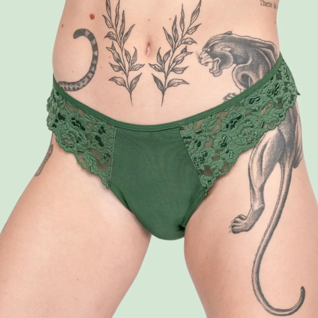 Period Panty – Grüner Brazilian mit Spitze (strong flow)