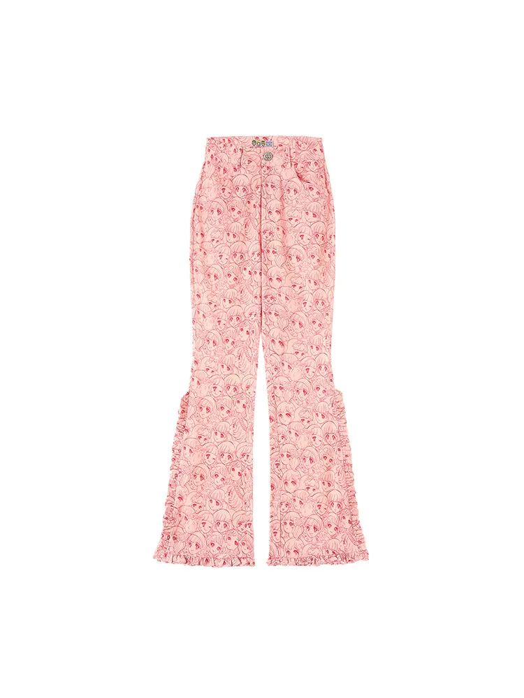 Print Ruffles High Waist Flared Pants